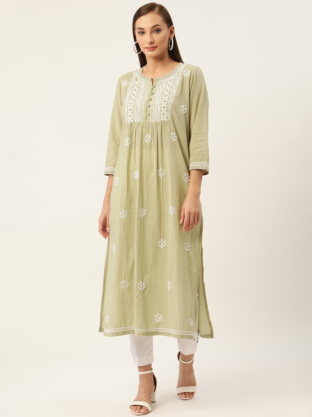 

HOUSE OF KARI Women Green Cotton Chikankari Embroidered Kurta