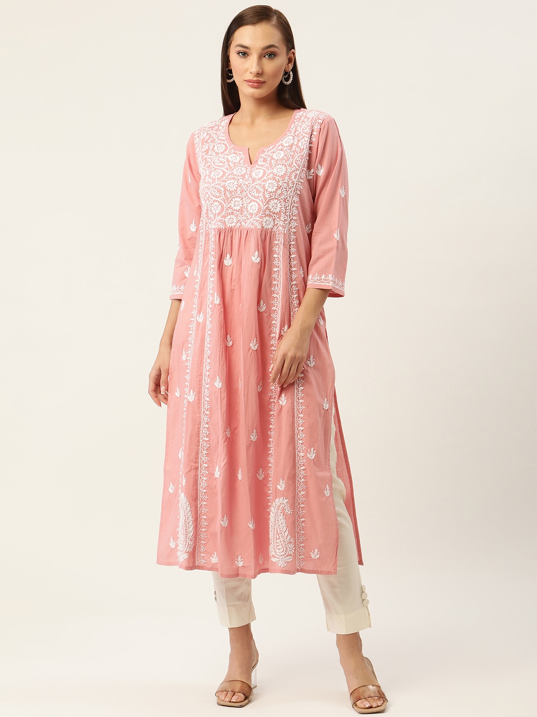 

HOUSE OF KARI Women Pink & White Cotton Chikankari Embroidered Kurta
