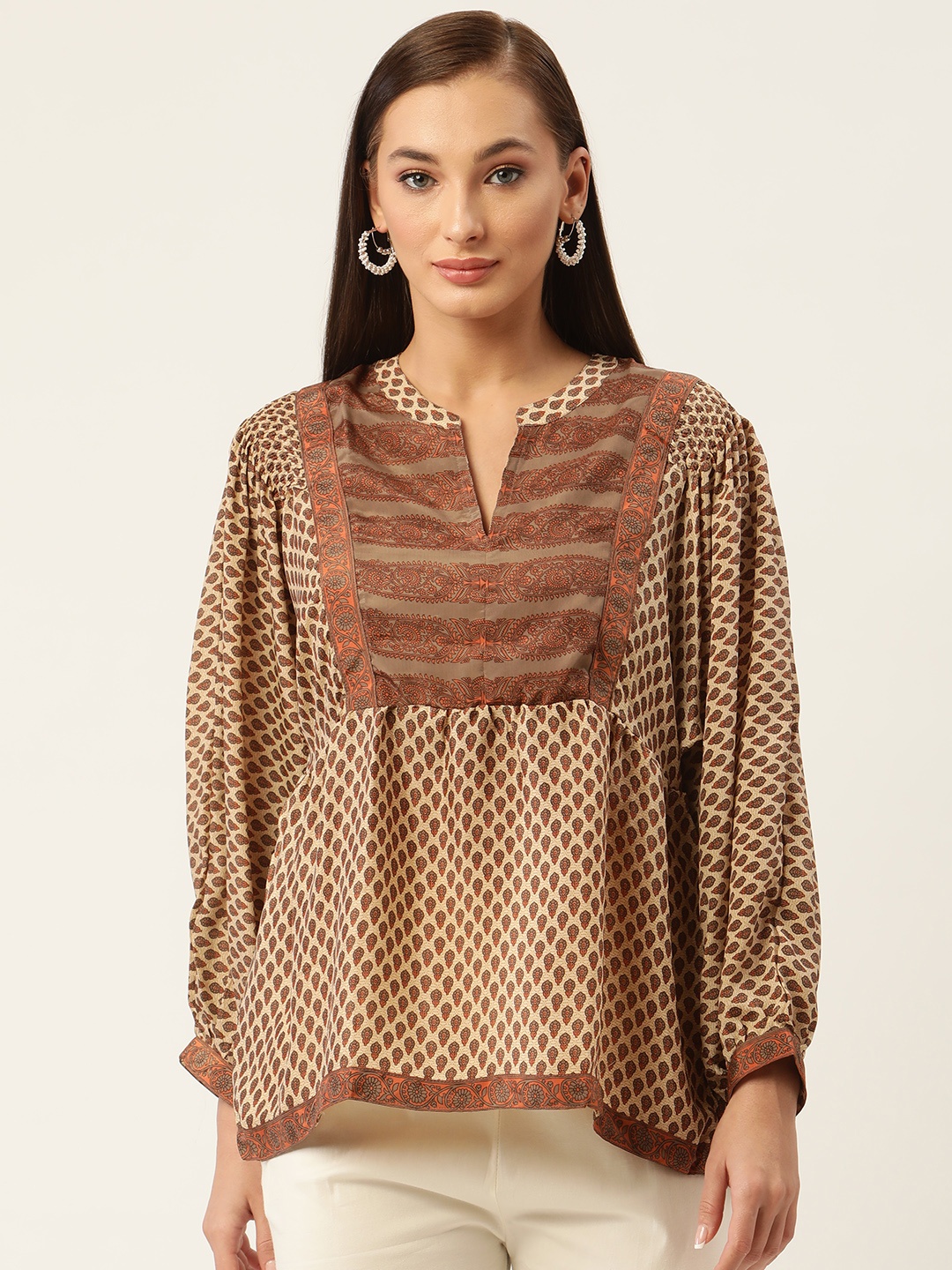 

HOUSE OF KARI Brown & Beige Mandarin Collar Printed Tunic