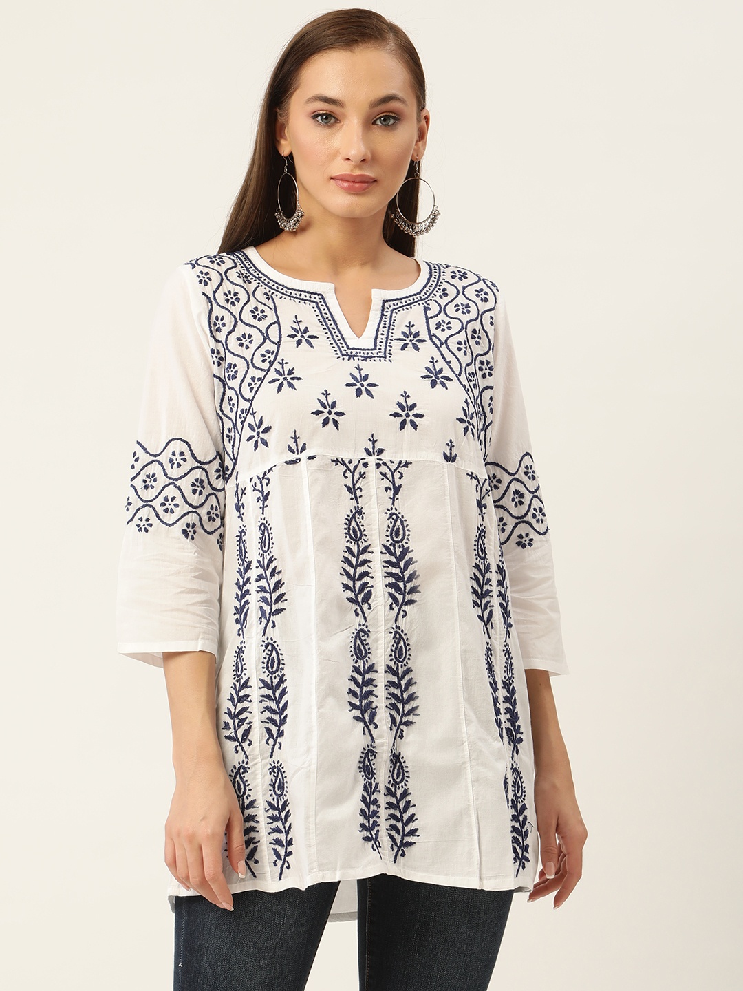 

HOUSE OF KARI White & Blue Chikankari Embroidered Tunic