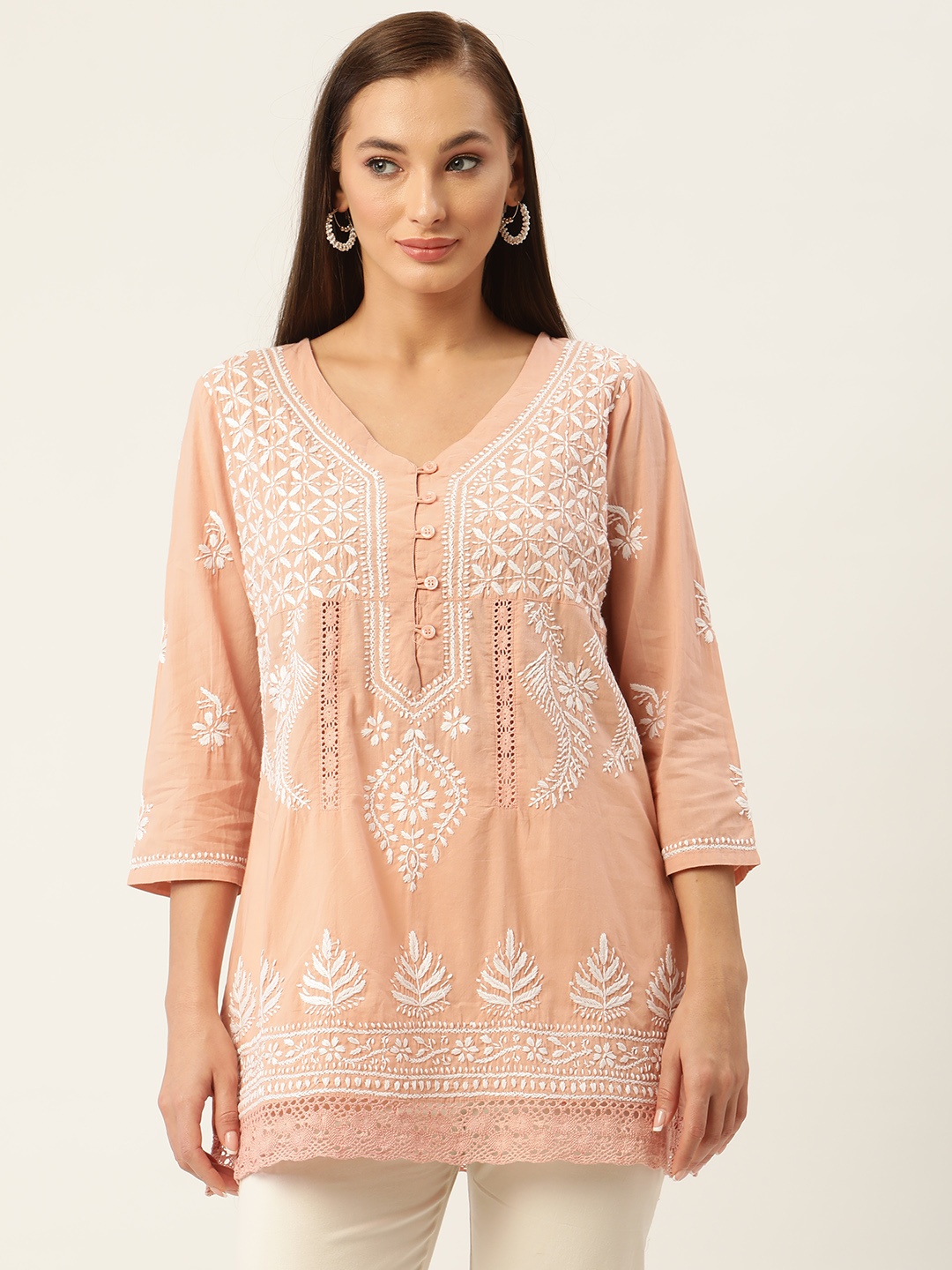 

HOUSE OF KARI Peach-Coloured & White Chikankari Embroidered Tunic