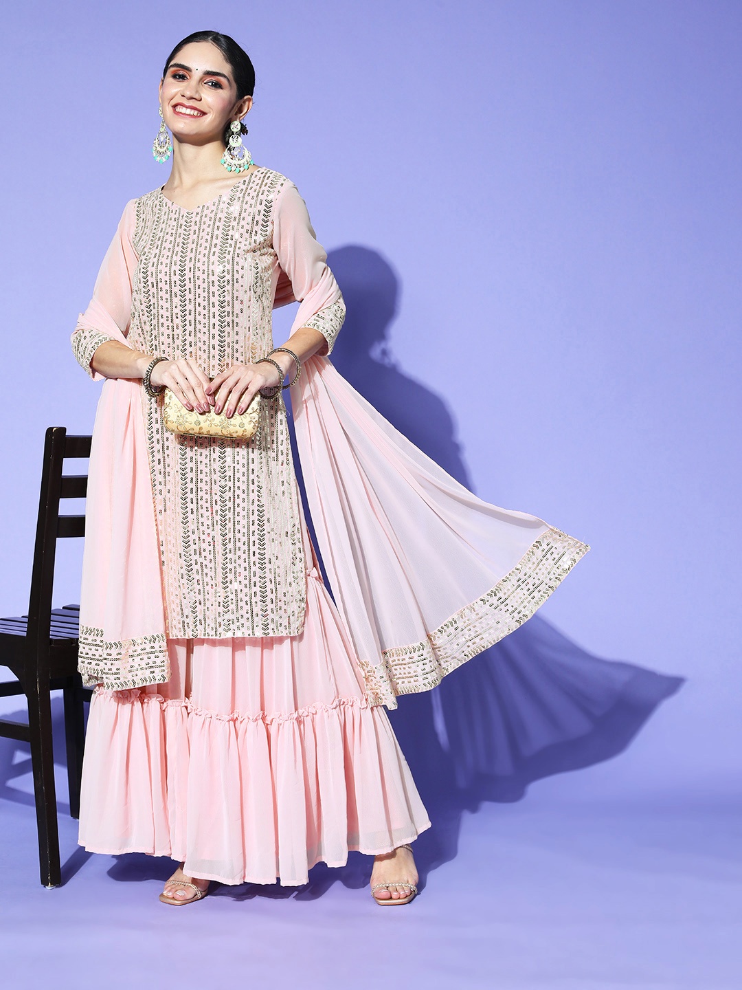 

Indo Era Women Woven Design Poly Georgette Bling it On Kurta Set, Pink