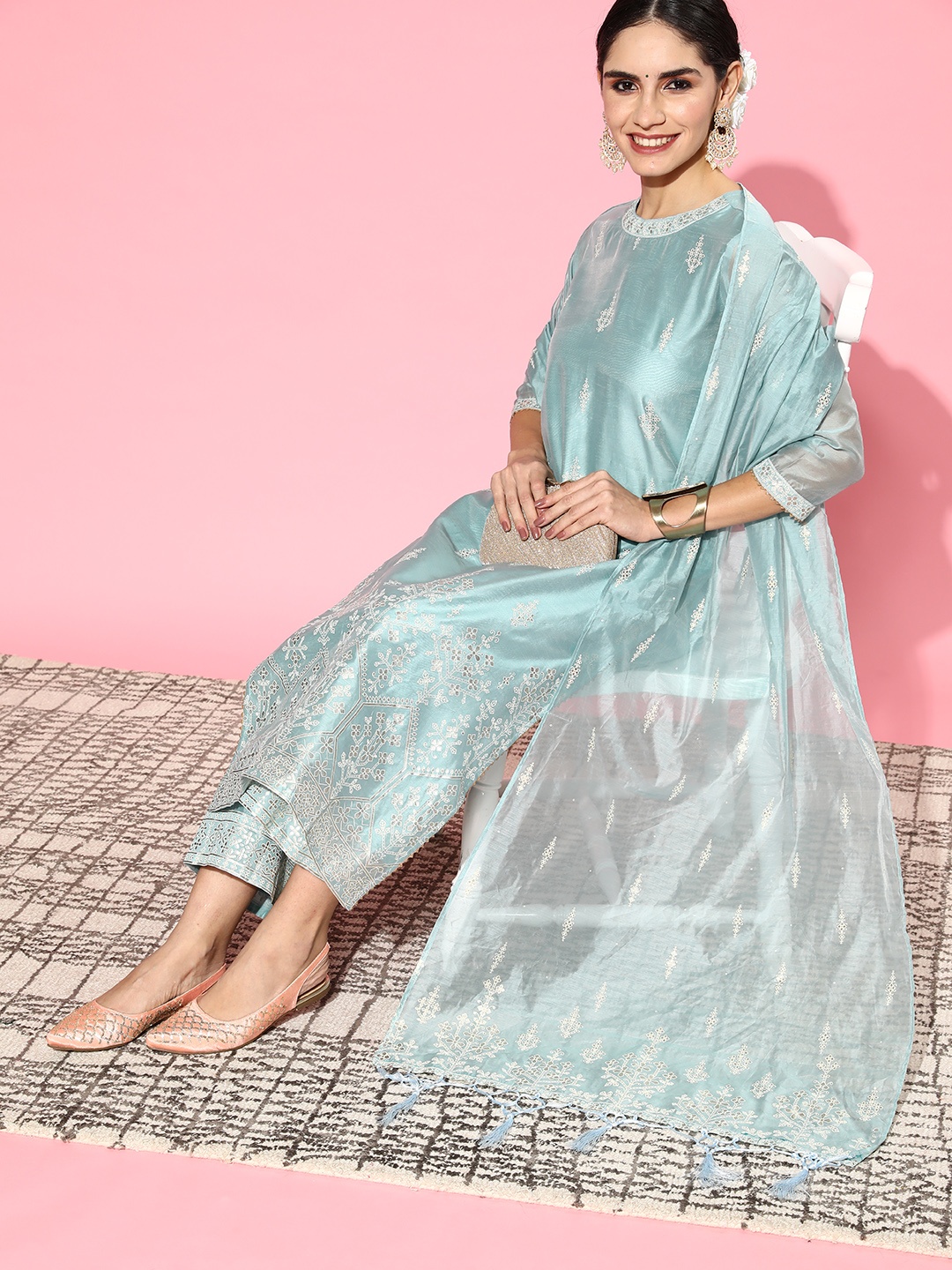 

Indo Era Women Ethnic Motifs Chanderi Silk Bling it On Kurta Set, Blue