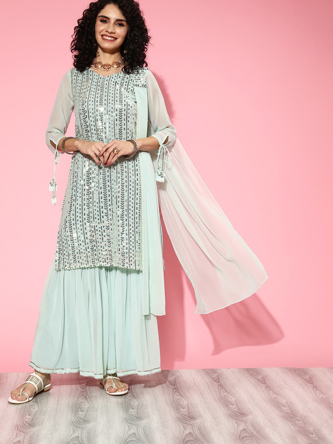 

Indo Era Women Woven Design Poly Georgette Bling it On Kurta Set, Turquoise blue