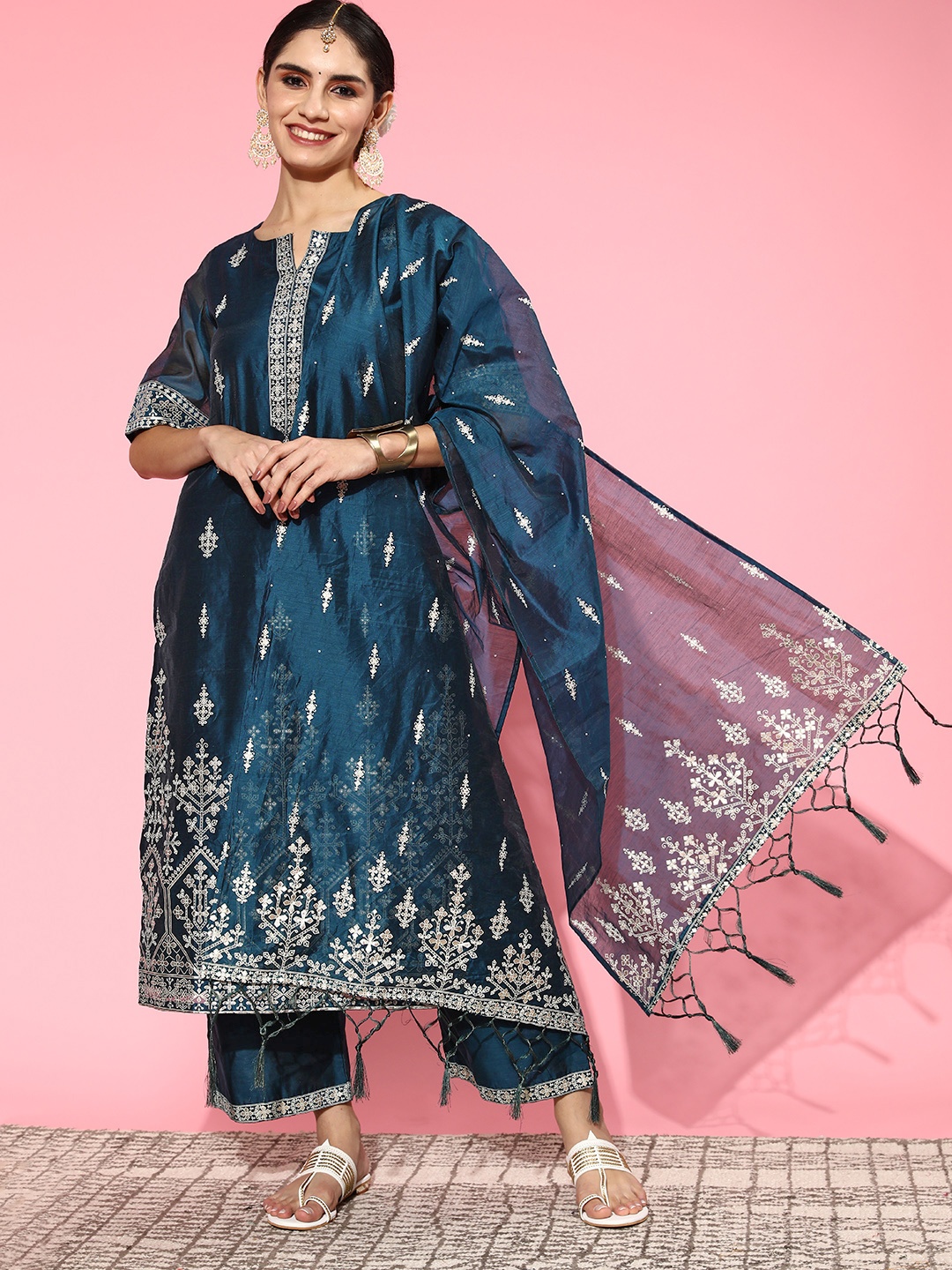 

Indo Era Women Ethnic Motifs Chanderi Silk Bling it On Kurta Set, Blue