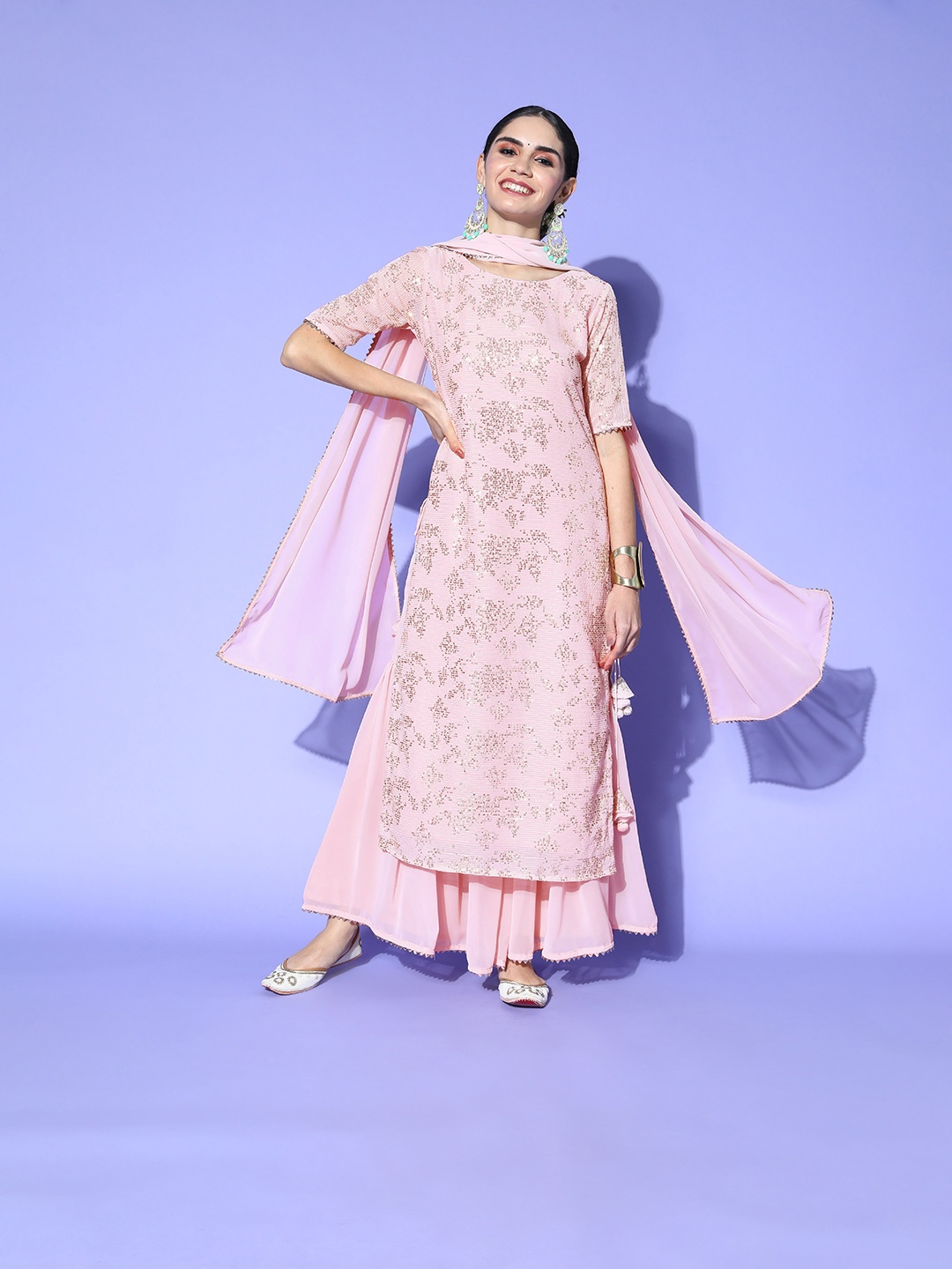 

Indo Era Women Woven Design Poly Georgette Bling it On Kurta Set, Pink