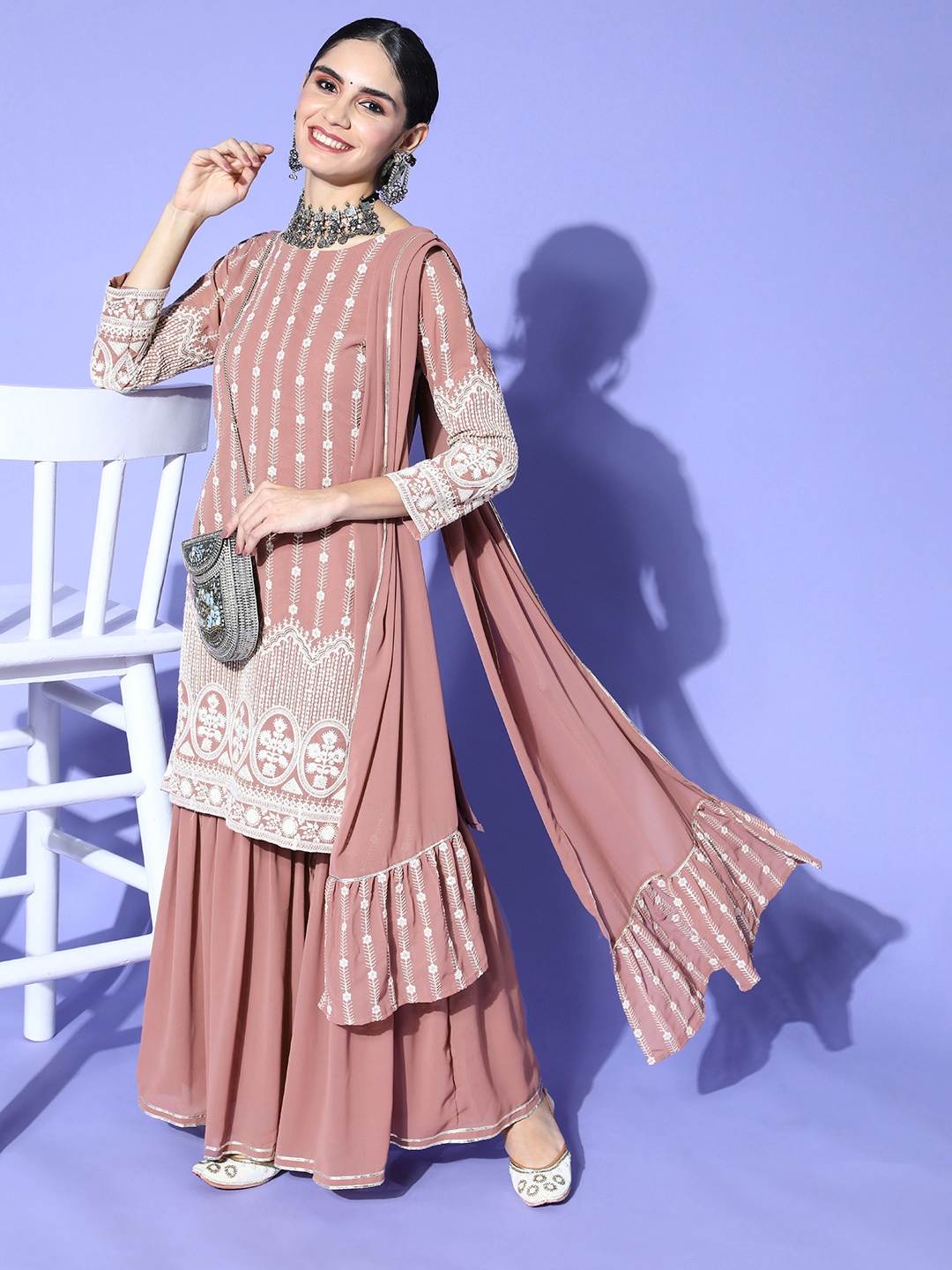 

Indo Era Women Ethnic Motifs Poly Georgette Ethereal Embroidery Kurta Set, Mauve