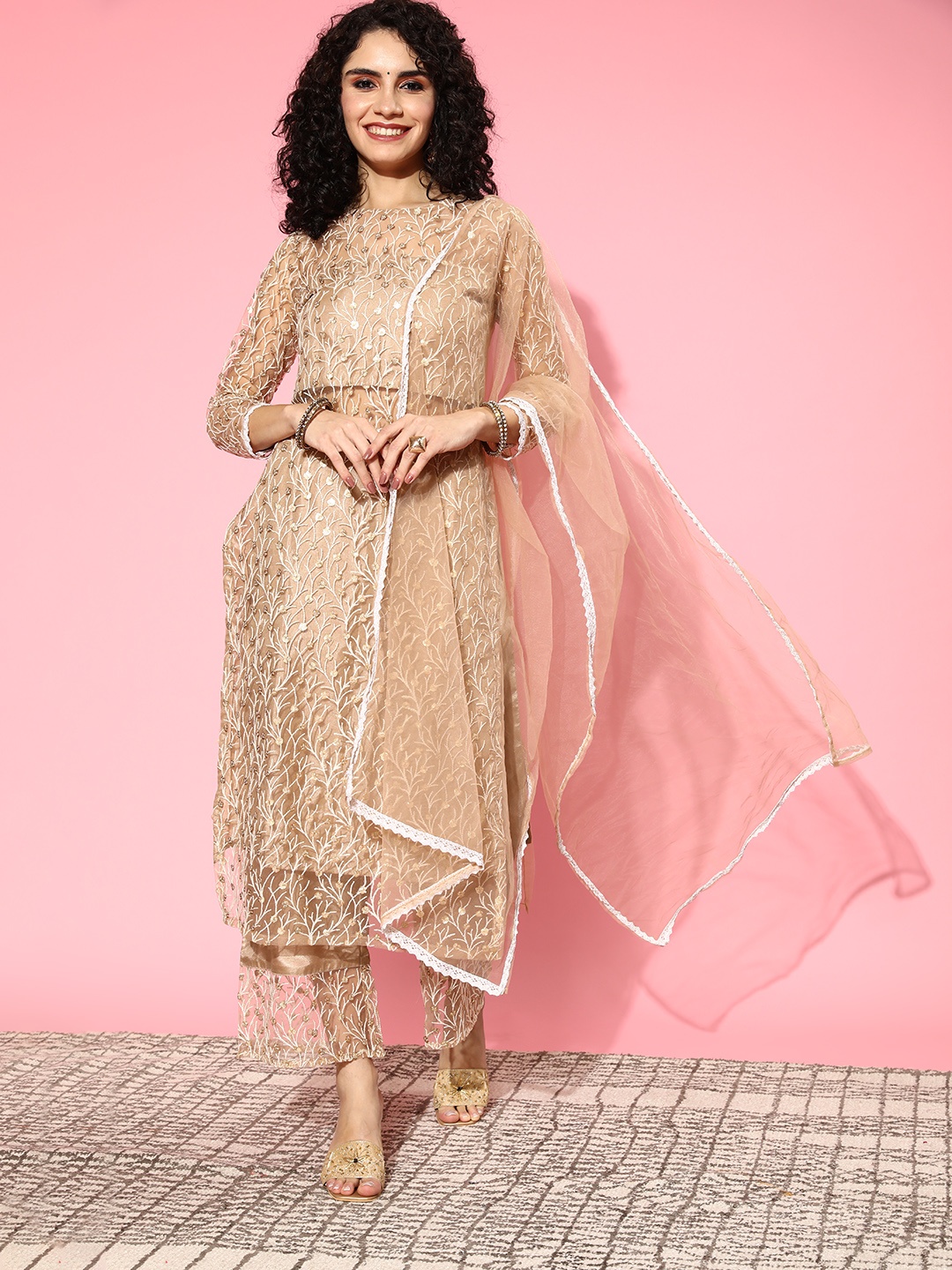 

Indo Era Women Floral Net Bling it On Kurta Set, Beige