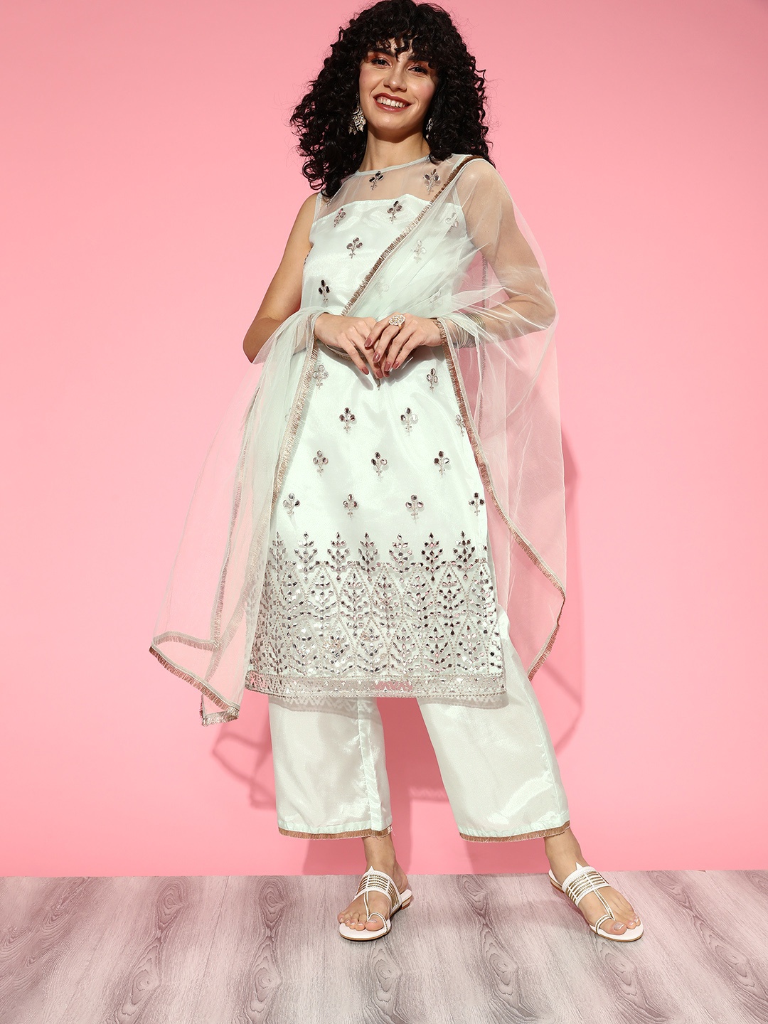 

Indo Era Women Ethnic Motifs Net Bling it On Kurta Set, Sea green