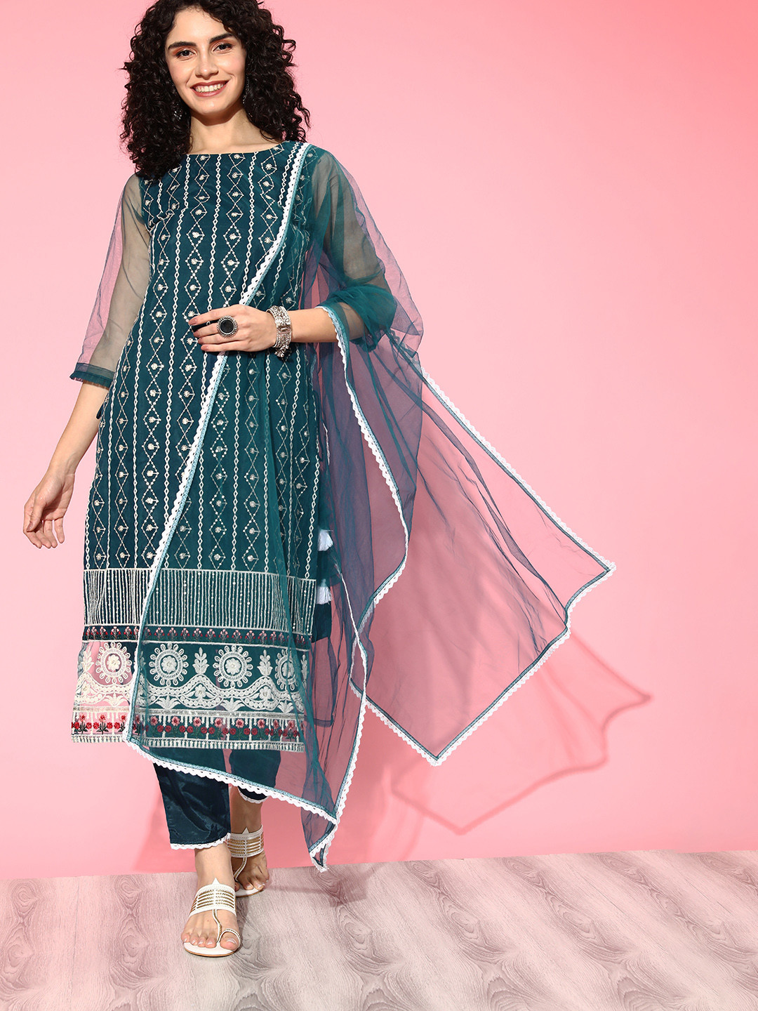 

Indo Era Women Striped Net Bling it On Kurta Set, Teal