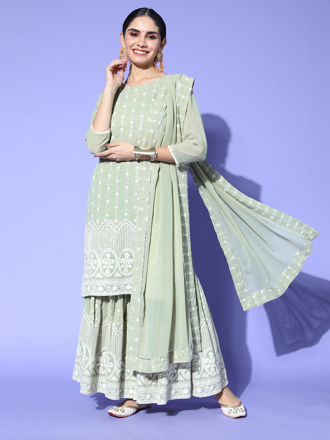 

Indo Era Women Ethnic Motifs Poly Georgette Bling it On Kurta Set, Sea green