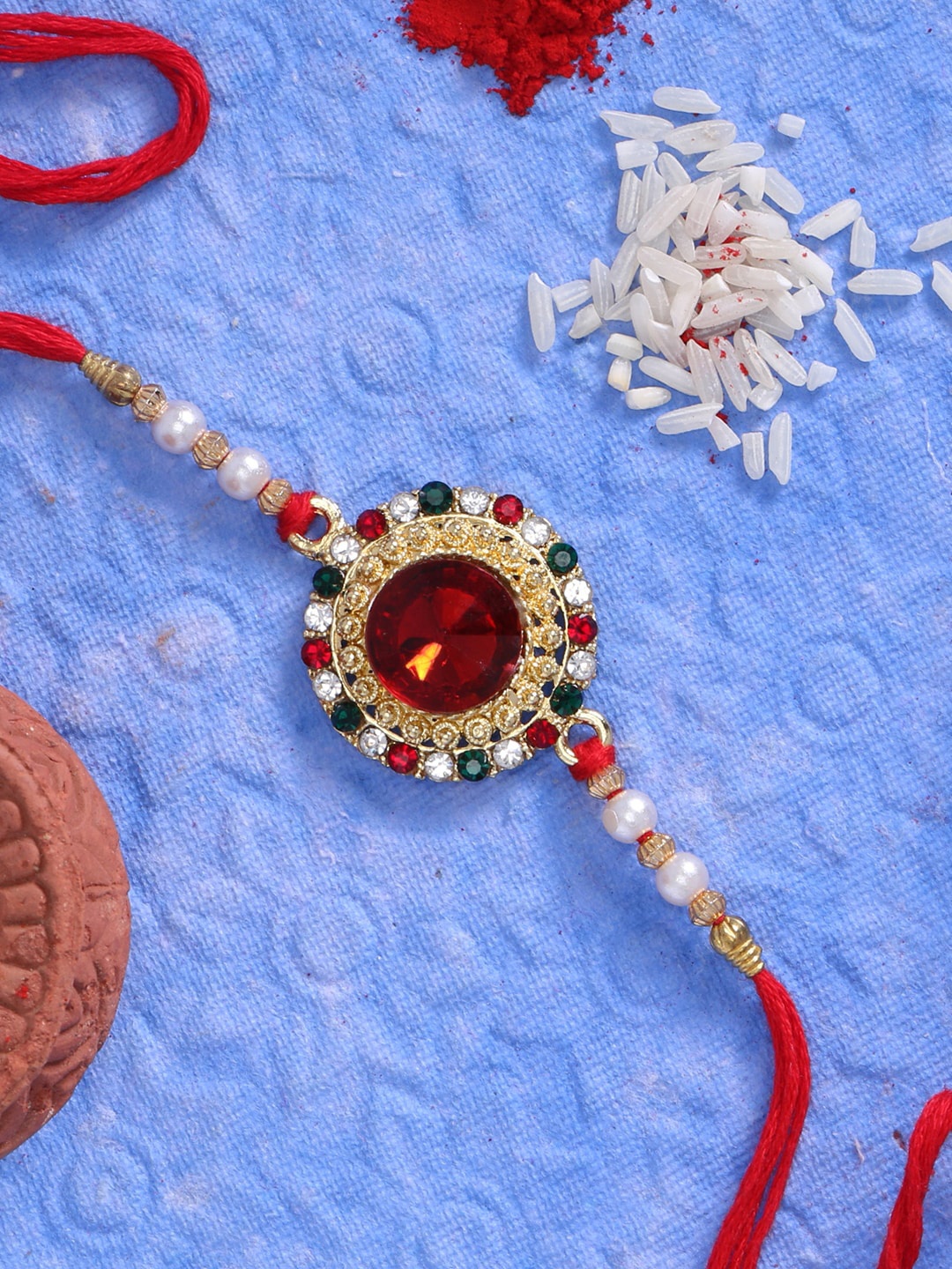 

LIVE EVIL Men Gold-Plated Red & White Stone Studded & Beaded Wraparound Rakhi With Greeting Card