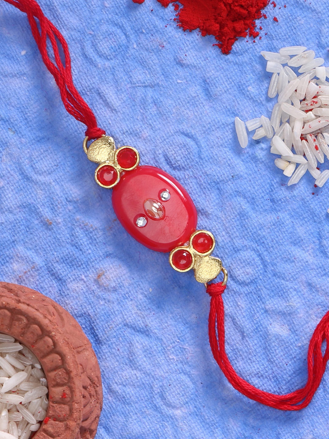 

LIVE EVIL Men Gold-Plated Red Stone-Studded Rakhi With Greeting Card