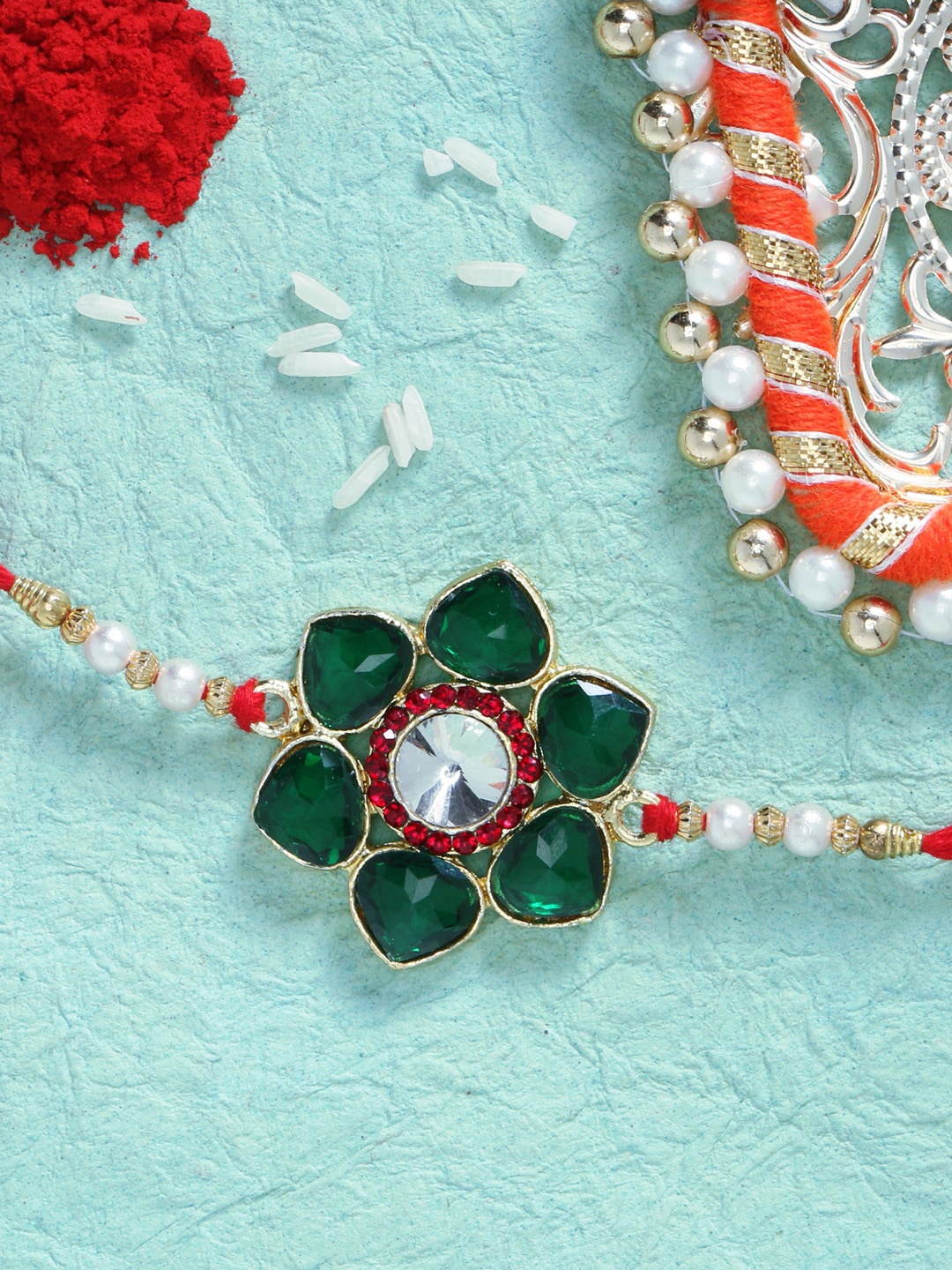 

LIVE EVIL Green Gold-Plated Jaipuri Beaded Rakhi