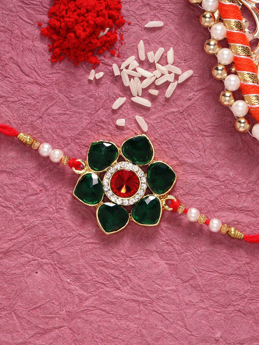 

LIVE EVIL Men Gold-Plated & Red Stones-Studded & Beaded Rakhi