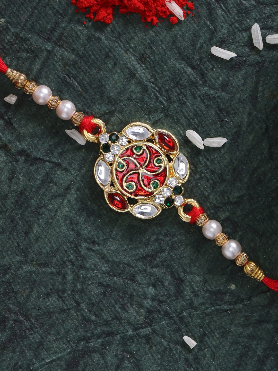 

LIVE EVIL Red Gold-Plated Jaipuri Beaded Rakhi