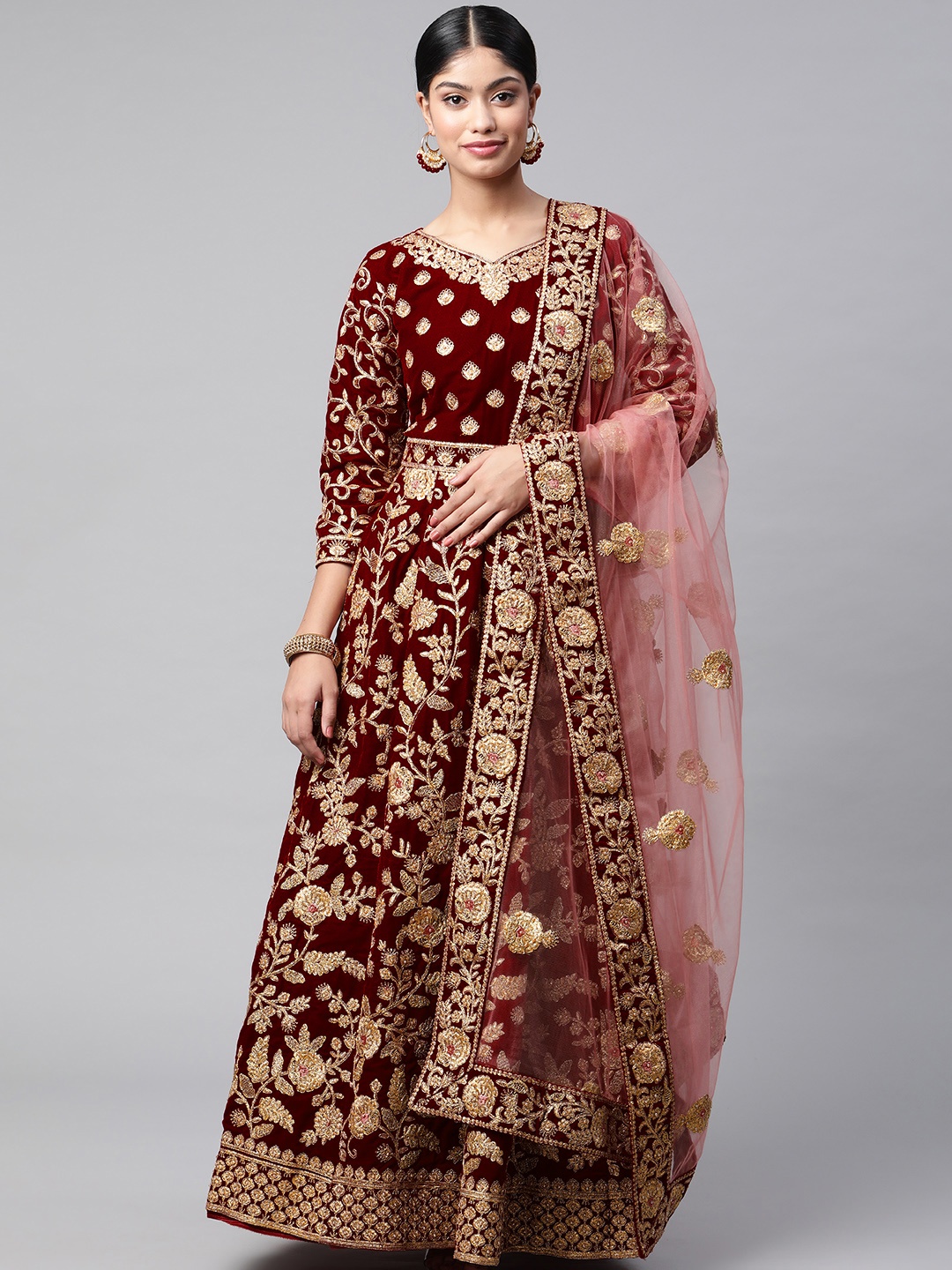 

Readiprint Fashions Maroon & Gold-Toned Embroidered Velvet Semi-Stitched Dress Material