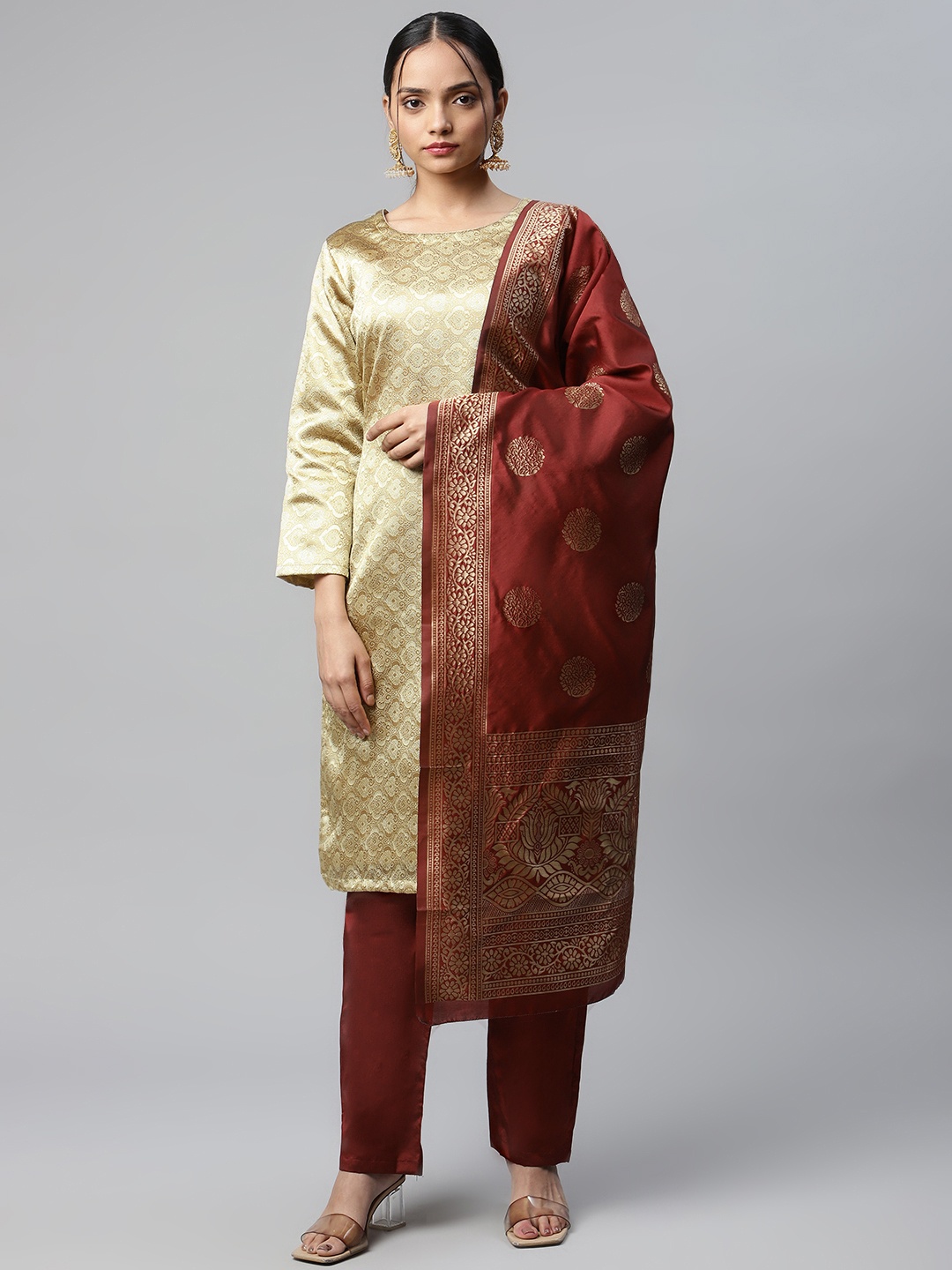 

Readiprint Fashions Beige & Maroon Art Silk Unstitched Dress Material