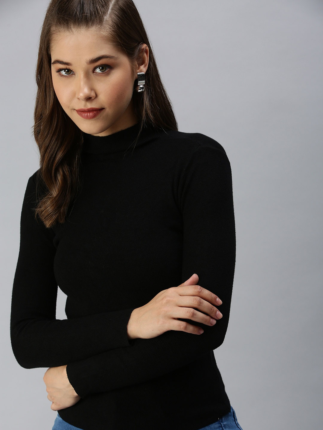 

SHOWOFF Black High Neck Solid Regular Top