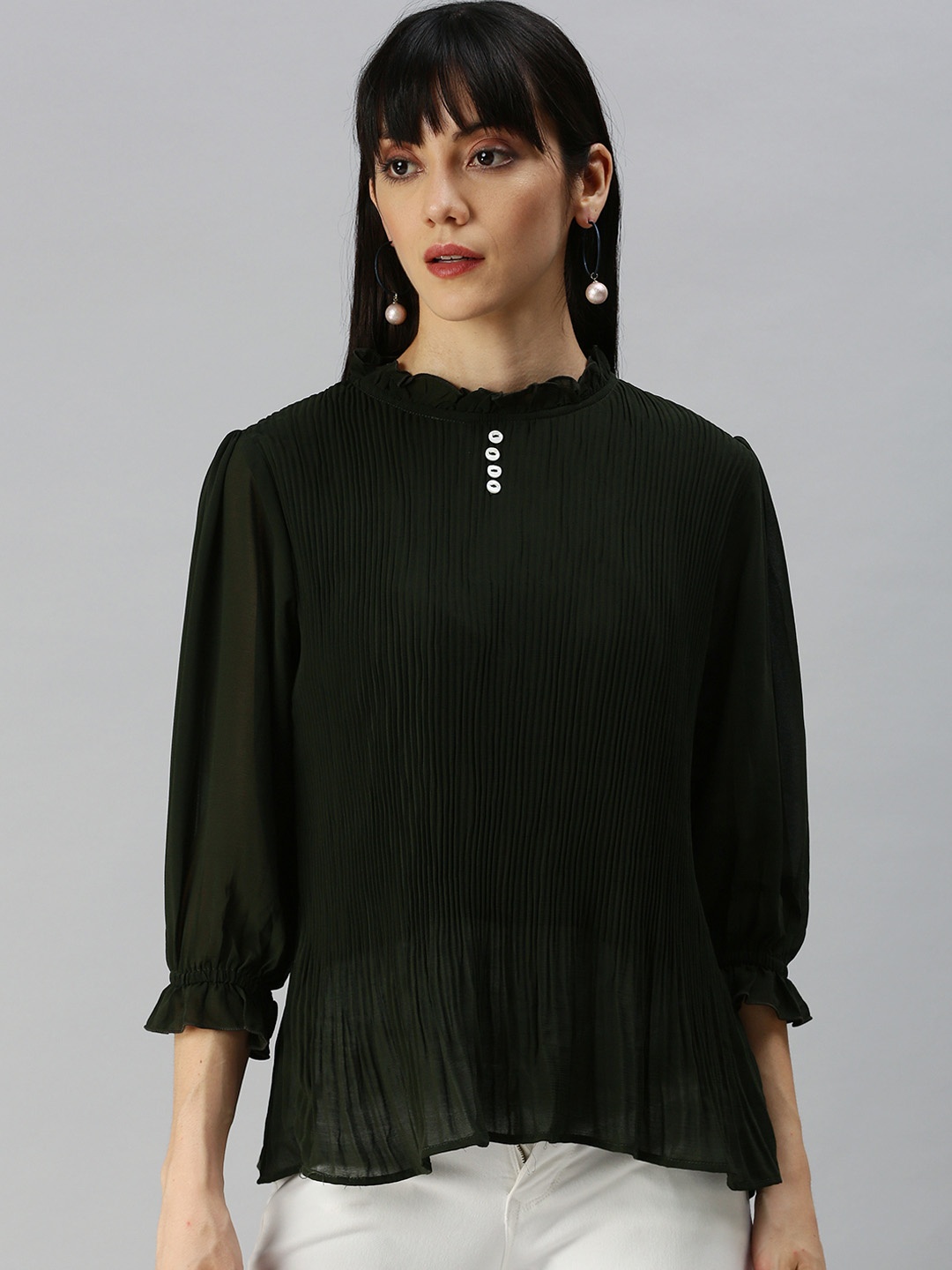 SHOWOFF Olive Green Mandarin Collar Accordion Pleats Georgette Top