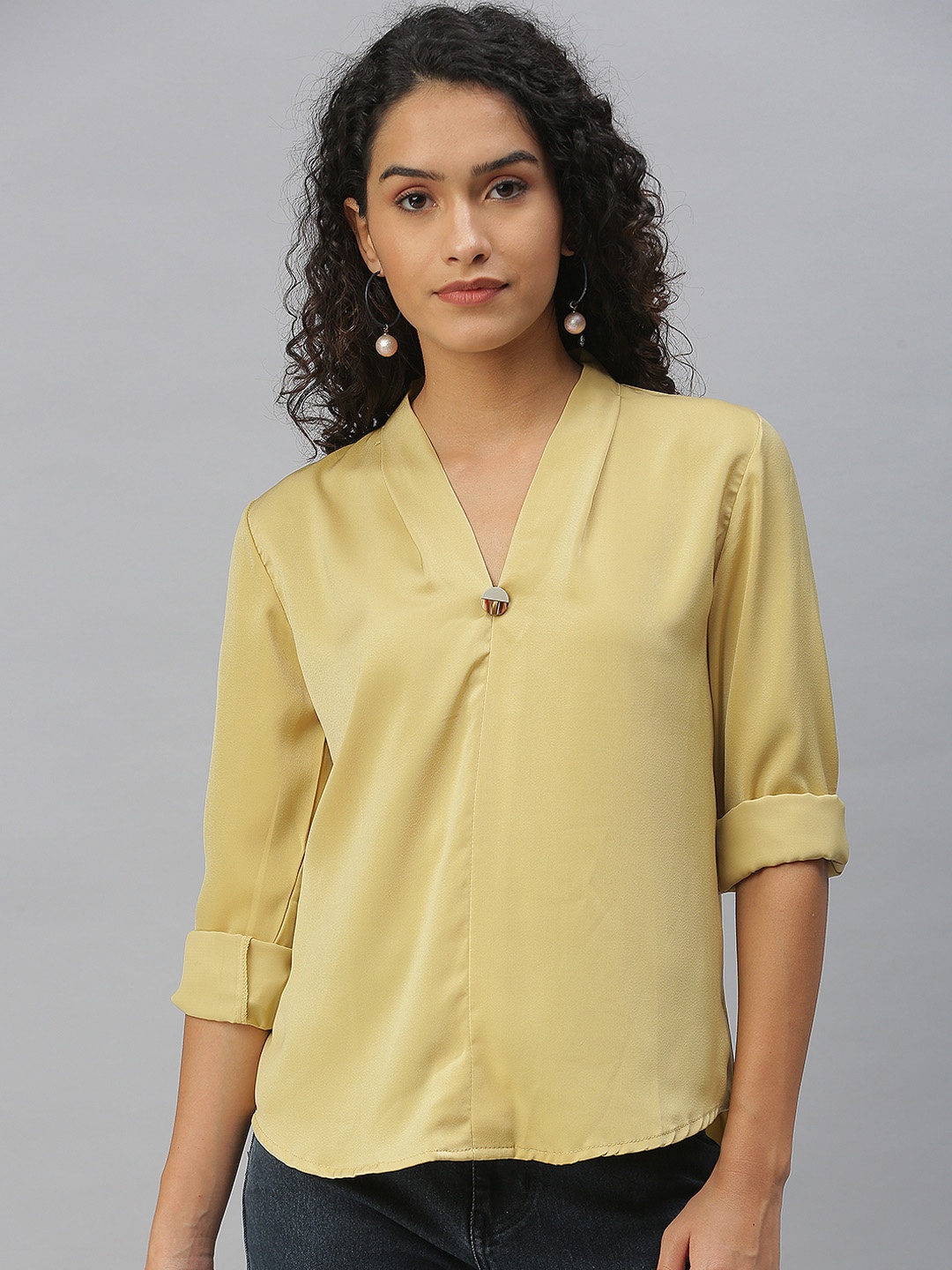 

SHOWOFF Yellow Roll-Up Sleeves Shirt Style Top