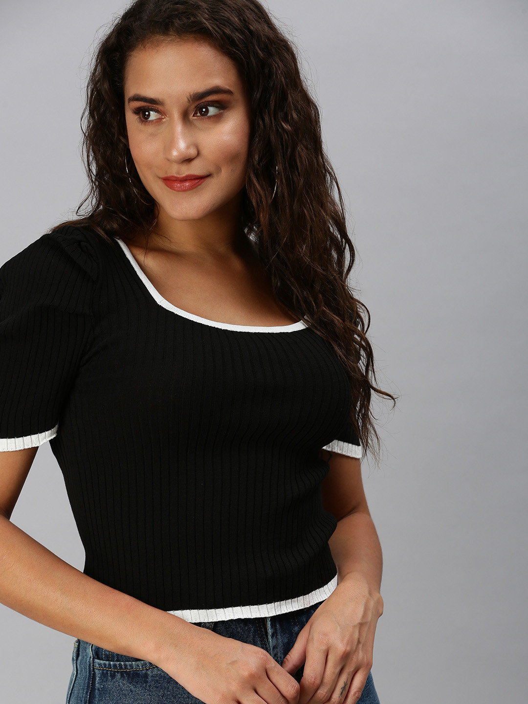 

SHOWOFF Women Black & White Solid Square Neck Regular Top