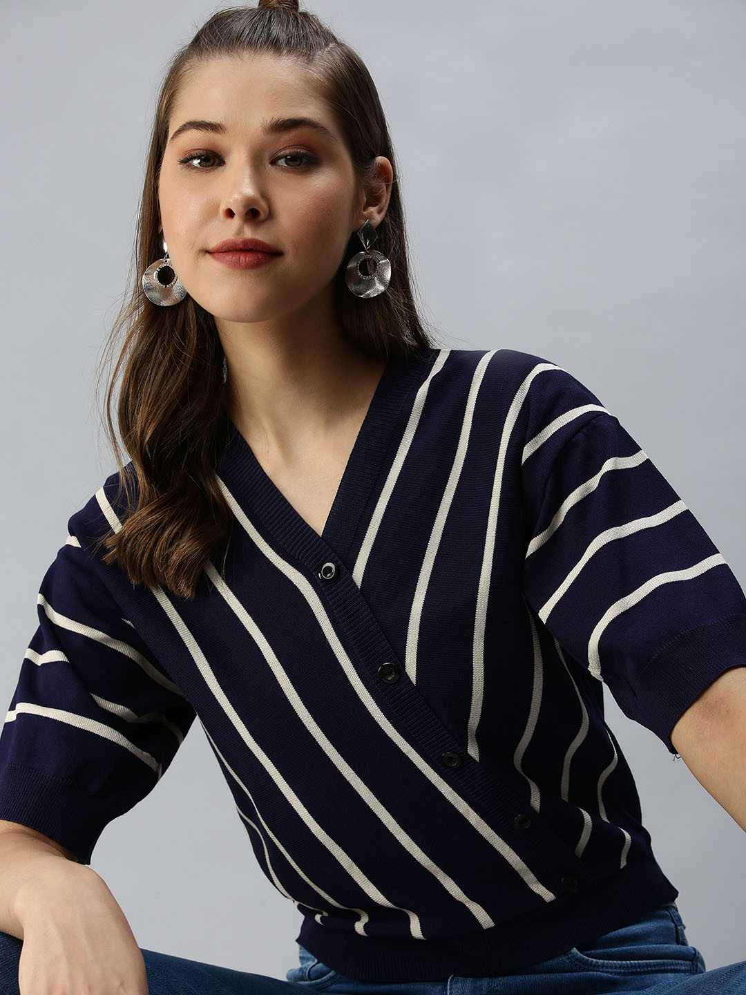 

SHOWOFF Navy Blue Striped Wrap Top