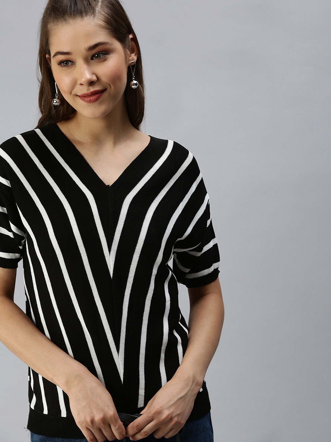 

SHOWOFF Black Striped Extended Sleeves Monochrome Wrap Top