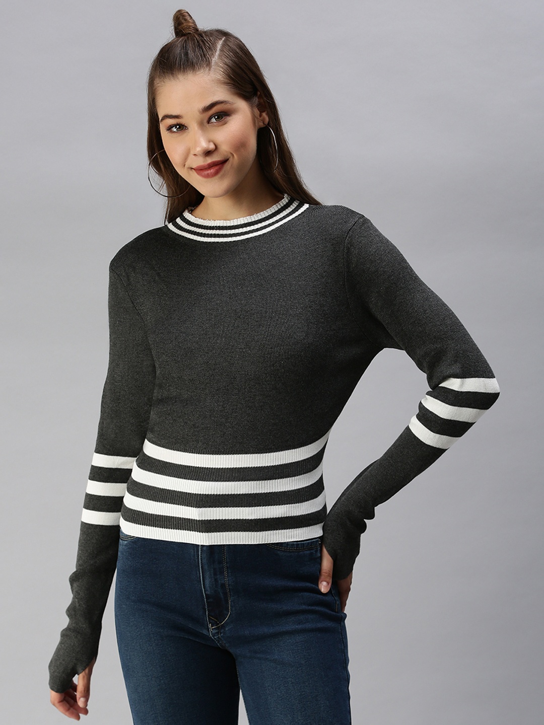 

SHOWOFF Grey Striped Top
