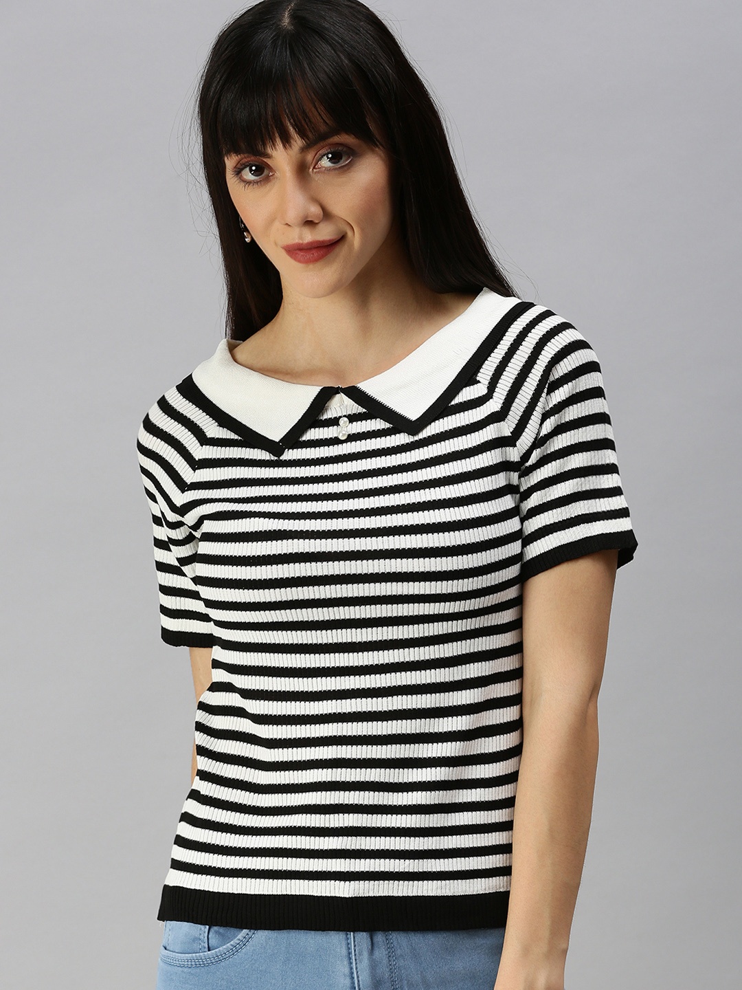 

SHOWOFF White Striped Peter Pan Collar Studded Top