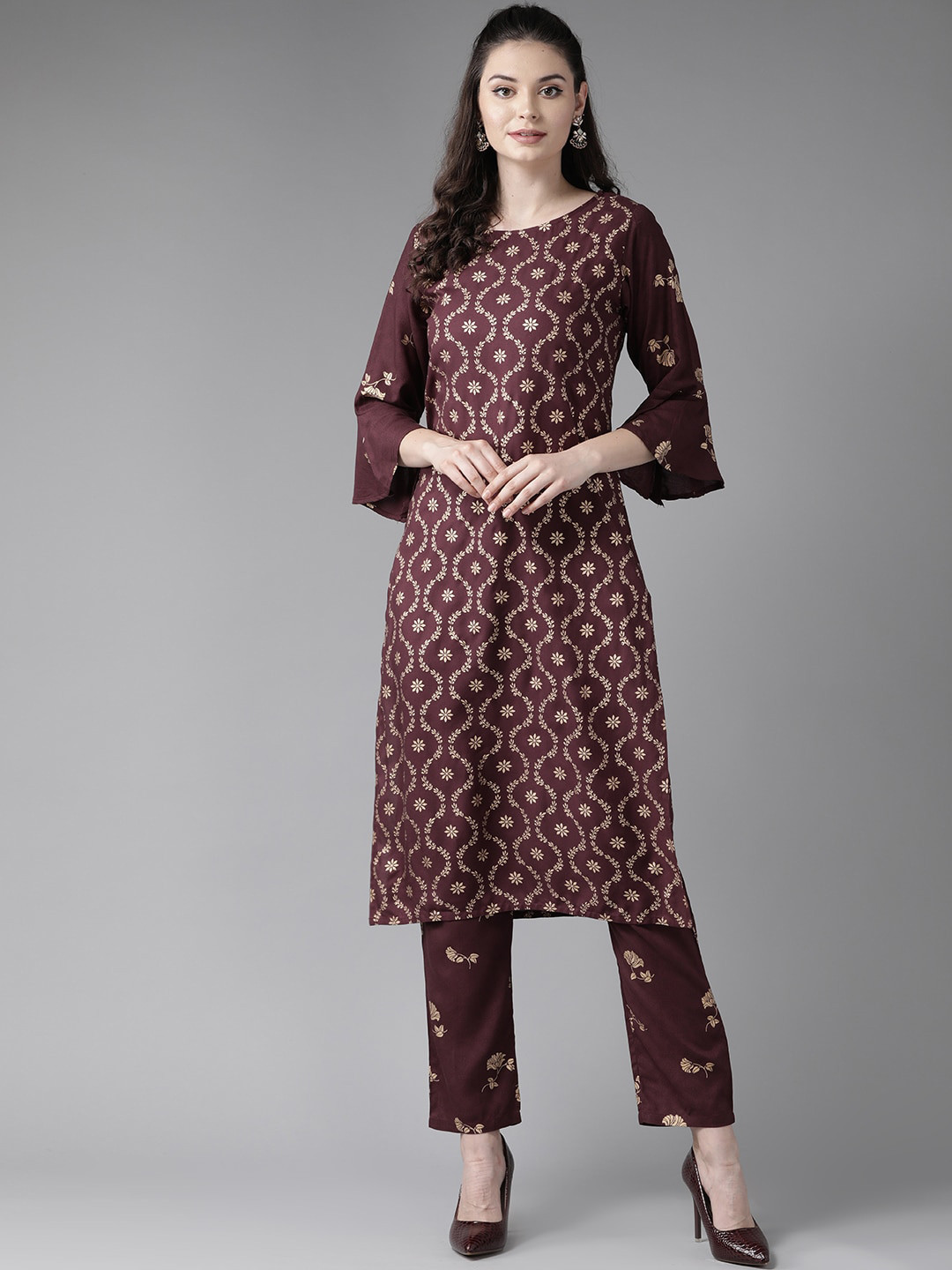 

See Designs Women Burgundy Printed Pleated Kurti with Trousers