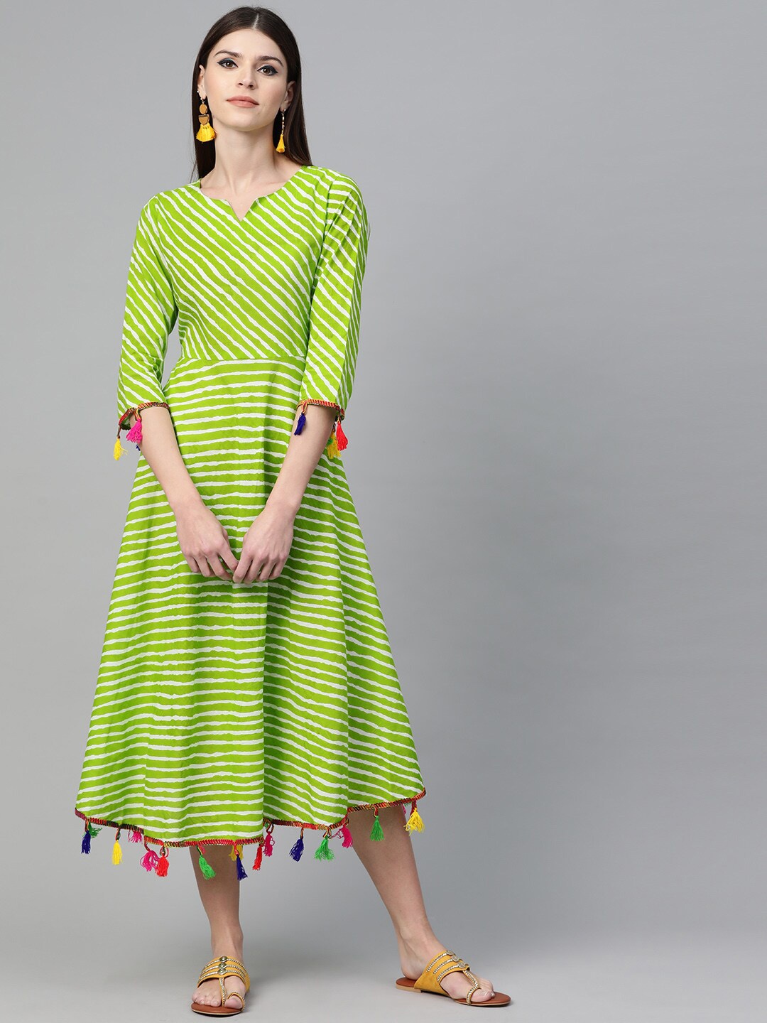 

See Designs Green Striped Ethnic A-Line Midi Dress