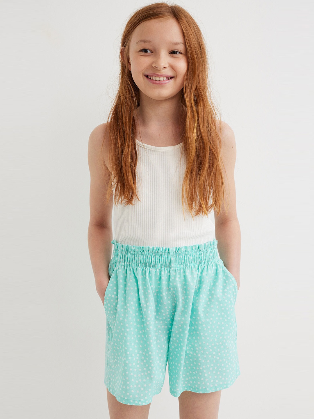 

H&M Girls Turquoise Blue & White Printed Cotton Regular Shorts