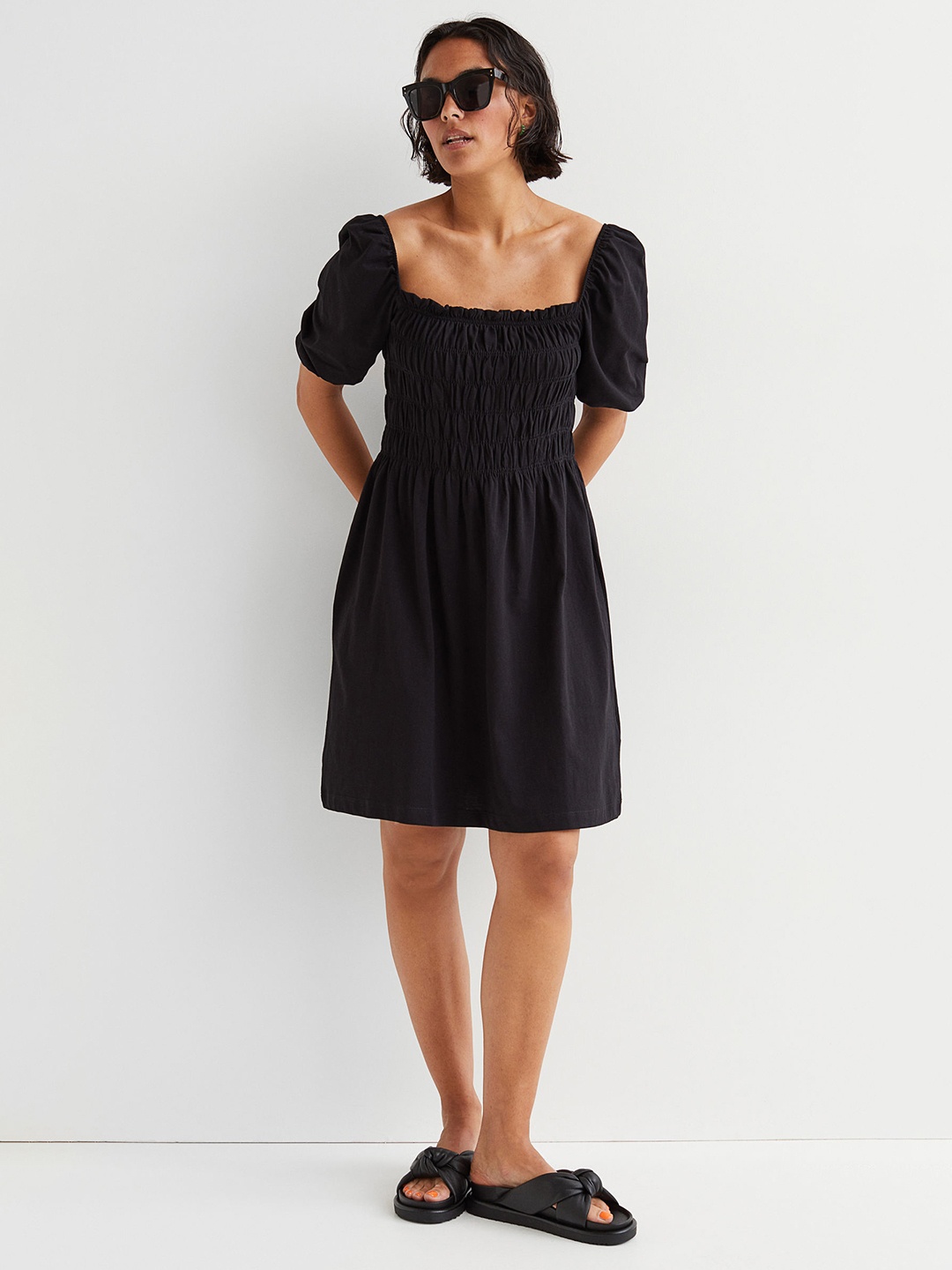 

H&M Black Smocking-Detail Dress