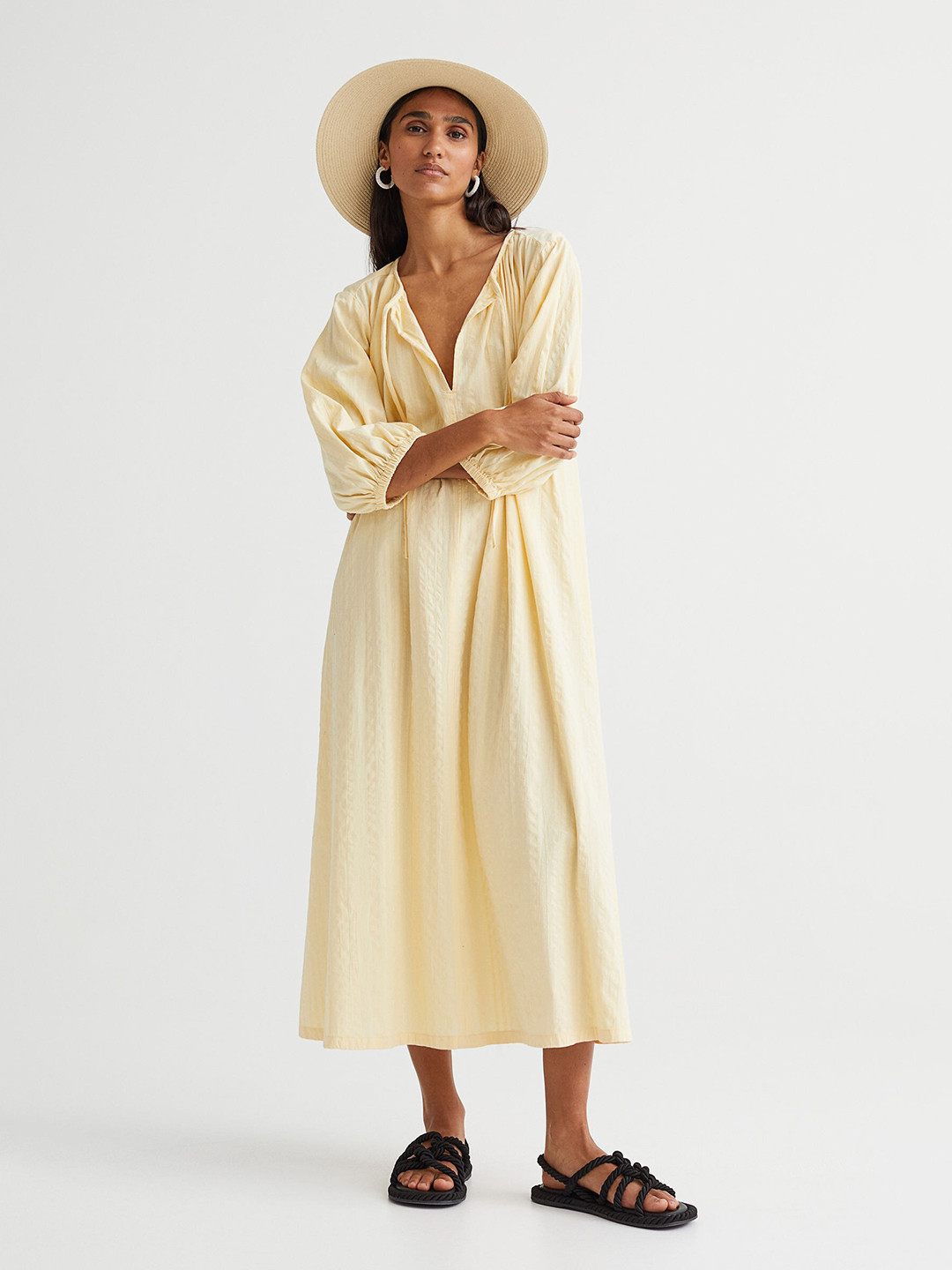 

H&M Women Yellow Solid V-neck Tie-Detail Dress
