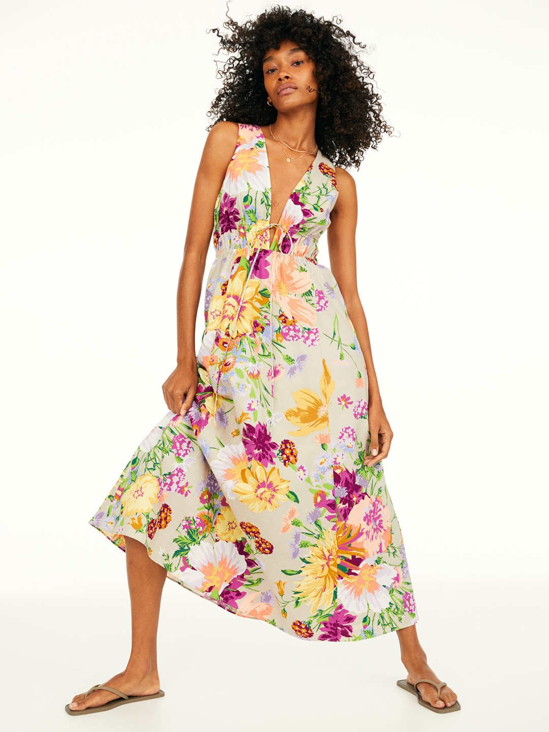 

H&M Women Multicoloured V-neck Linen-blend Dress, Beige