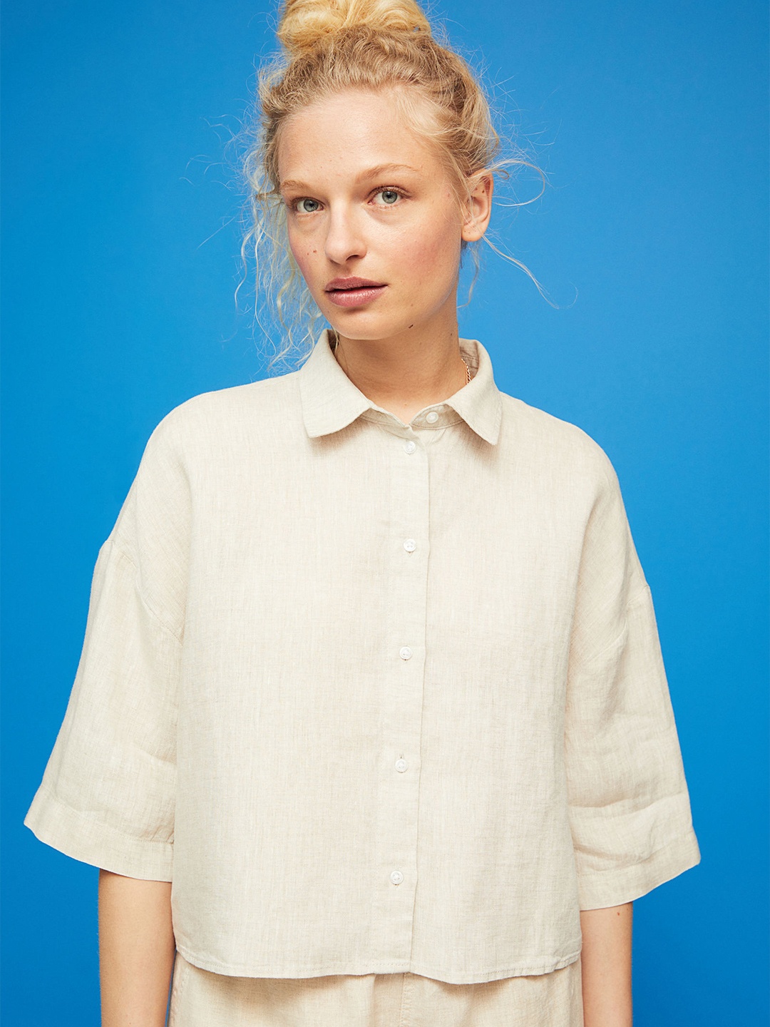 

H&M Women Beige Solid Regular Cropped Linen Shirt