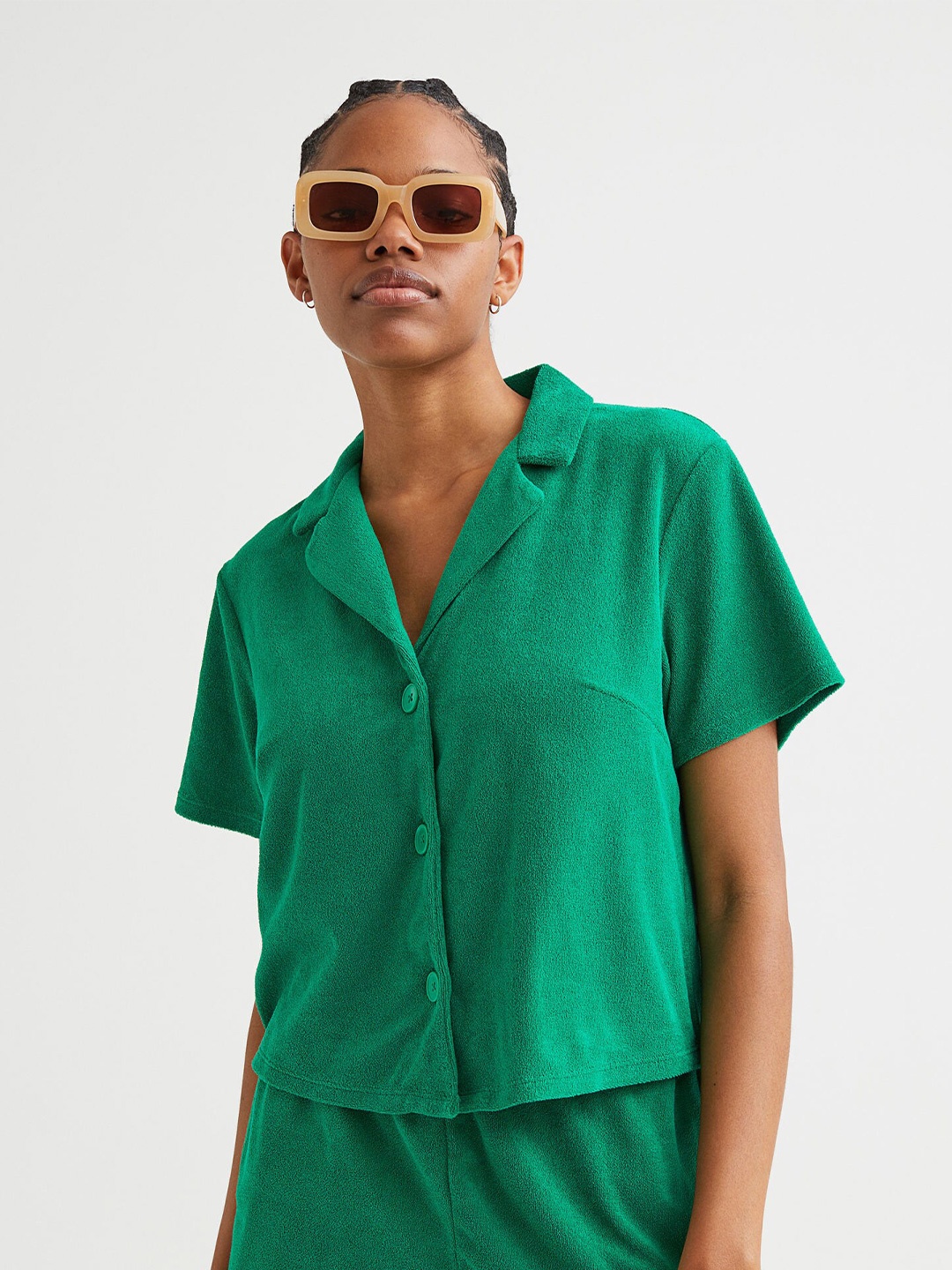 

H&M Women Green Solid Regular Terry Resort Shirt
