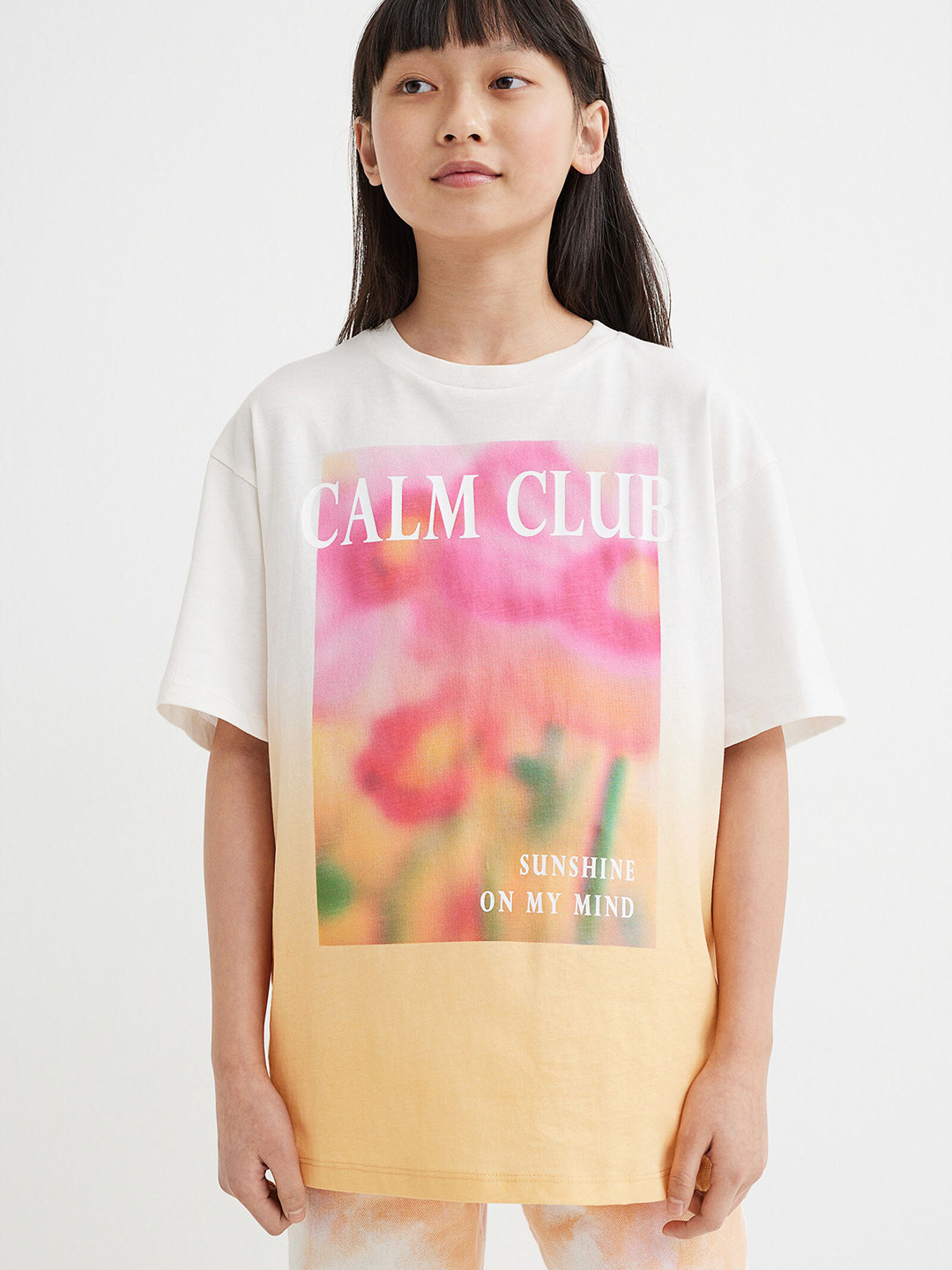 

H&M Girls White & Peach Printed Oversized Cotton T-shirt