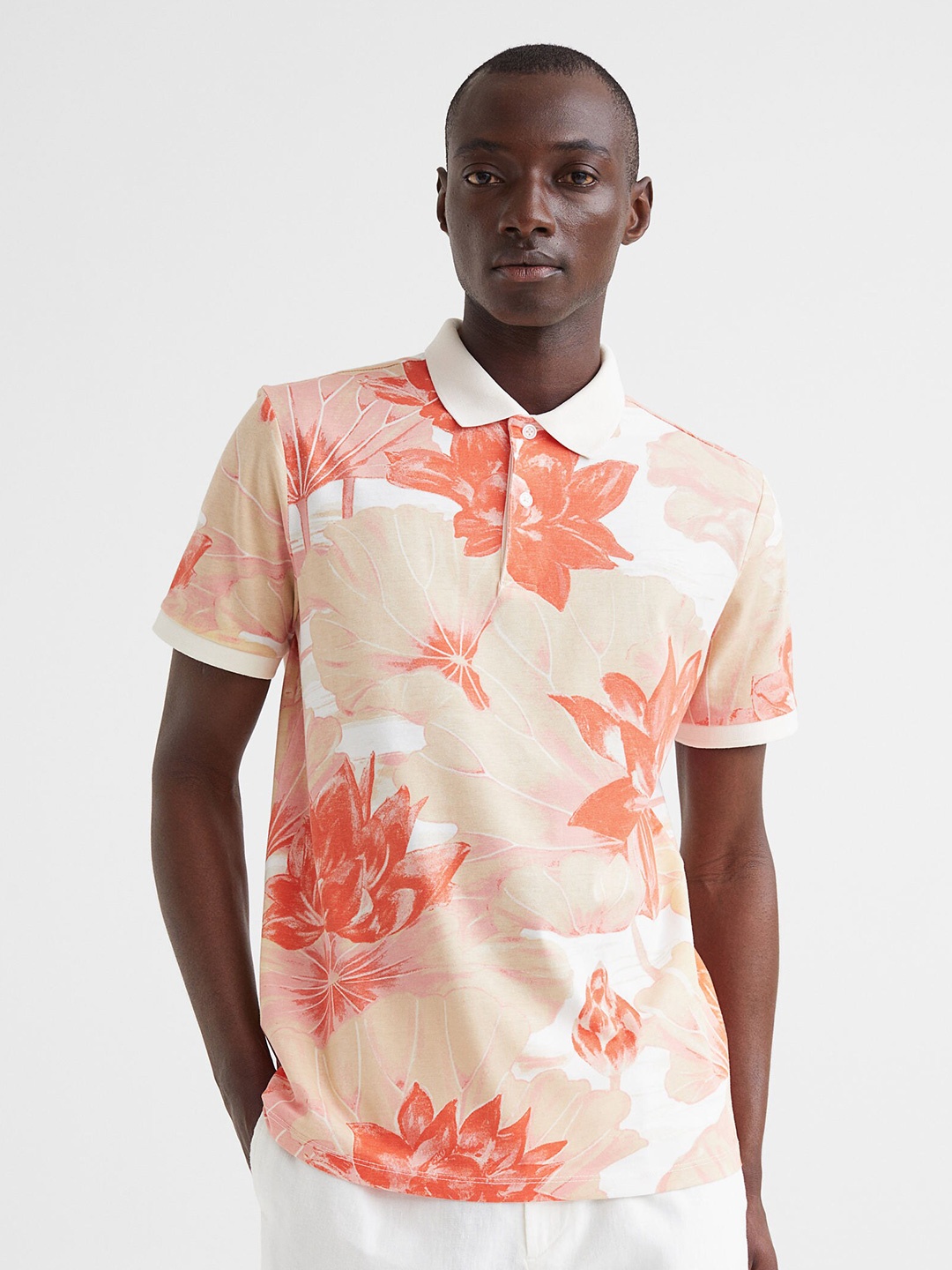 

H&M Men Beige & Orange Patterned Slim Fit Polo Shirt