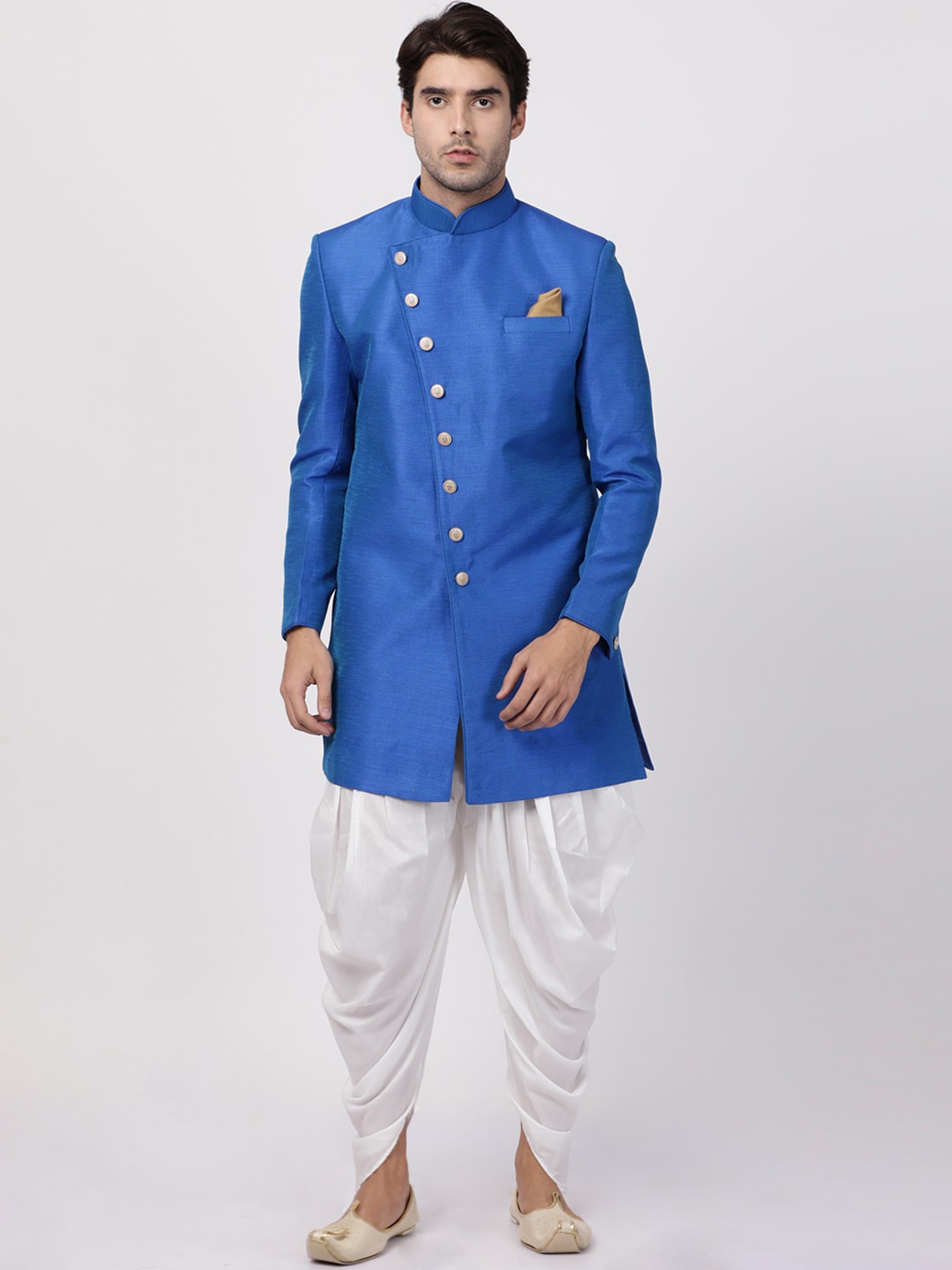

VASTRAMAY Men Blue & White Solid Slim Fit Sherwani Set