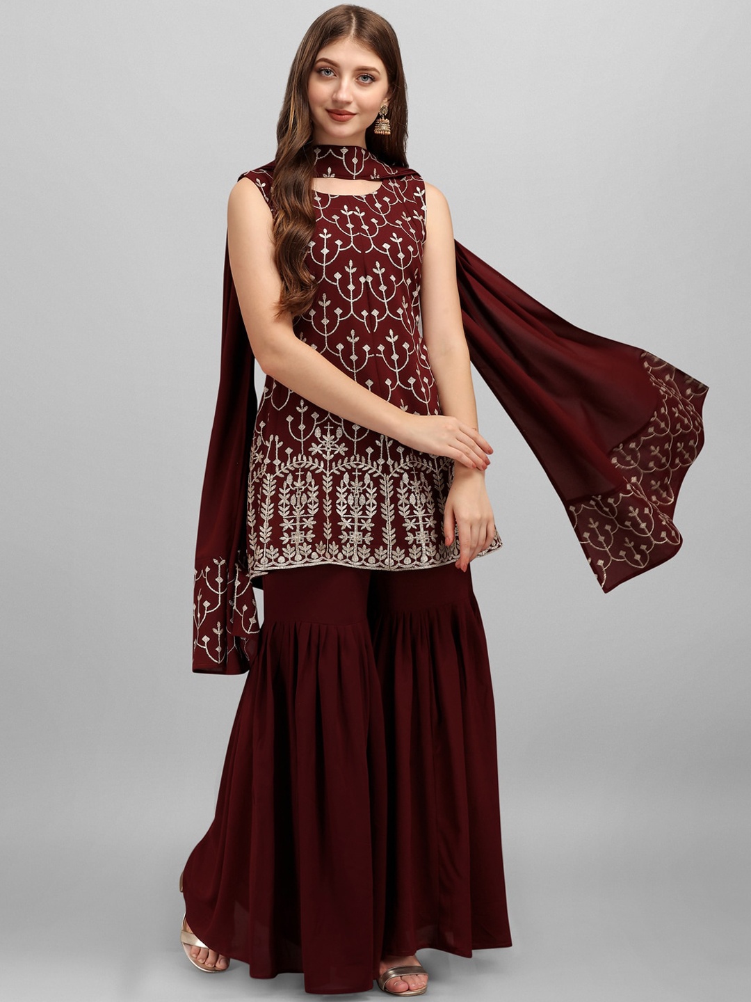 

heemara Women Burgundy Embroidered Pleated Kurti with Sharara & With Dupatta