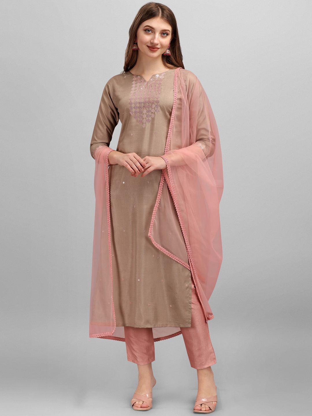 

heemara Women Brown Embroidered Kurta with Trousers & With Dupatta