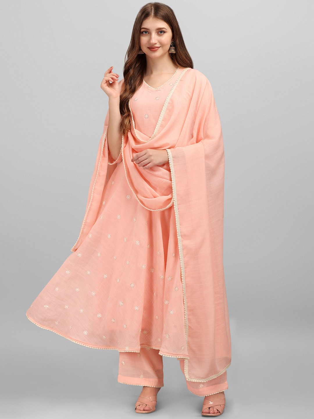 

heemara Women Peach-Coloured Linen Kurta with Palazzos & With Dupatta