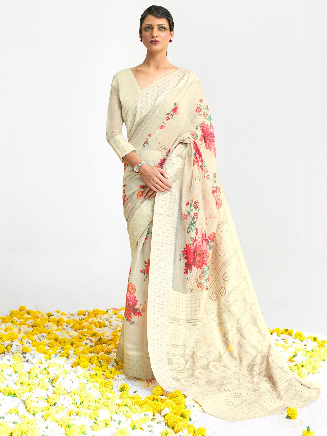 

Mitera Cream-Colored & Pink Floral Digital Print Silk Blend Banarasi Saree