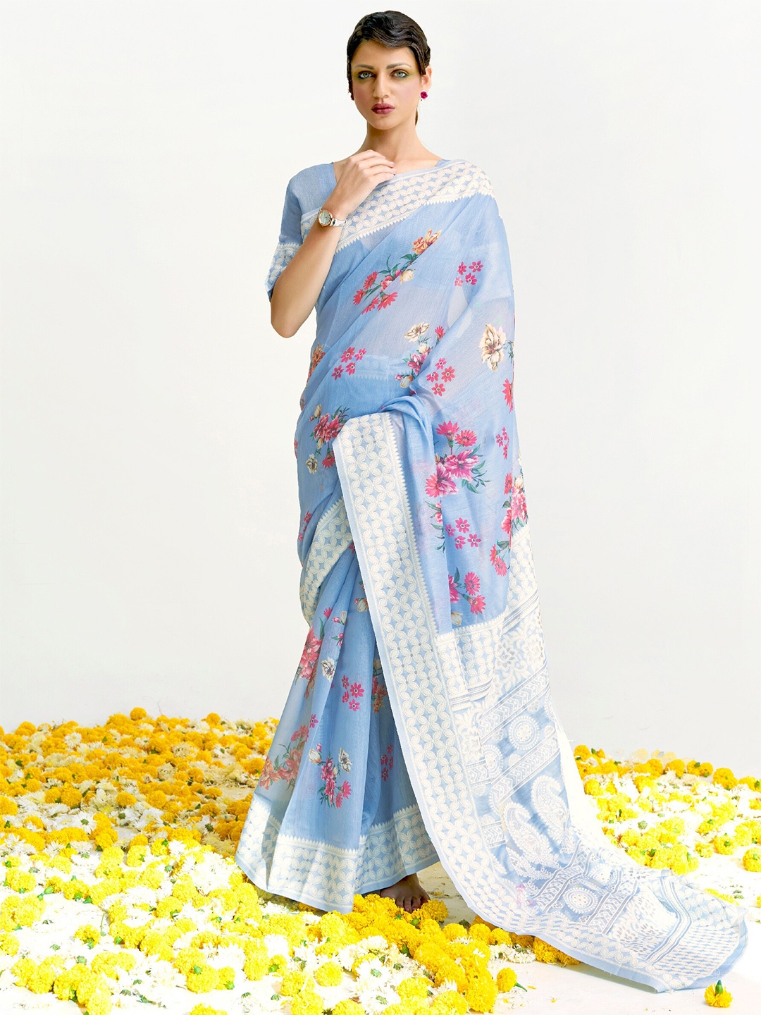 

Mitera Turquoise Blue & Pink Floral Silk Blend Banarasi Saree
