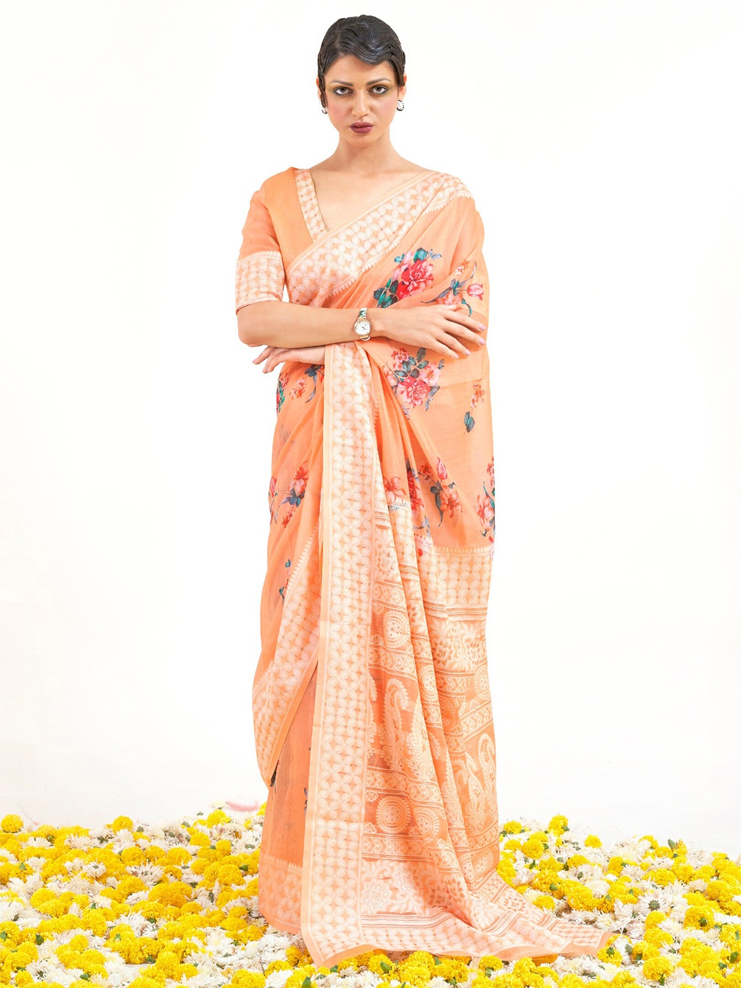 

Mitera Peach & Red Floral Printed Silk Blend Banarasi Saree