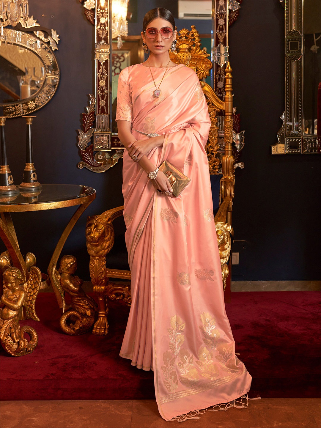 

Mitera Peach-Coloured Gold-Toned Floral Zari Silk Banarasi Saree