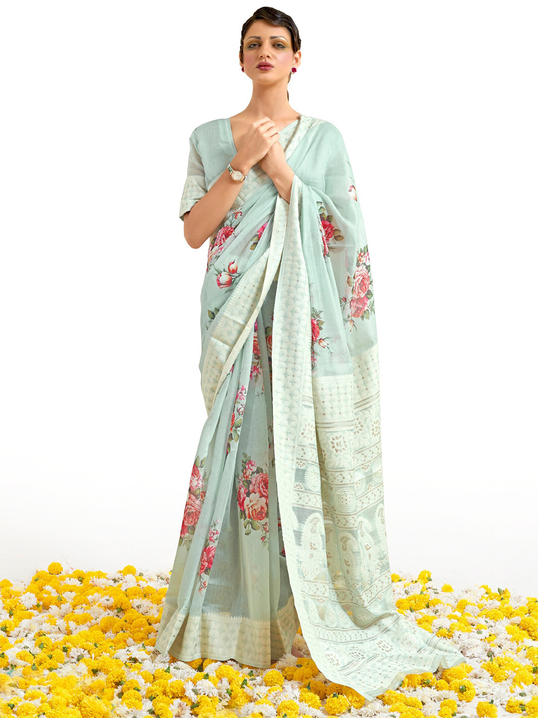 

Mitera Sea Green & White Floral Print Silk Blend Saree