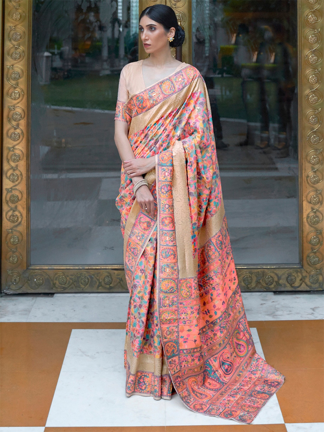 

Mitera Peach-Coloured & Blue Woven Design Silk Blend Banarasi Saree